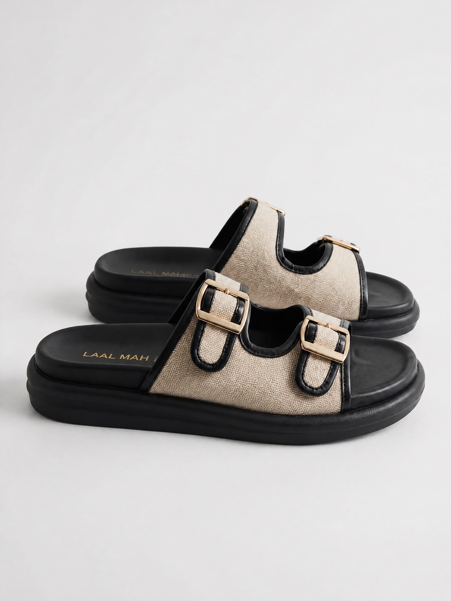 Laal Mahal Monaco Double Buckle Flatform Sandals side view  pair showing double gold buckle straps and black leather trim