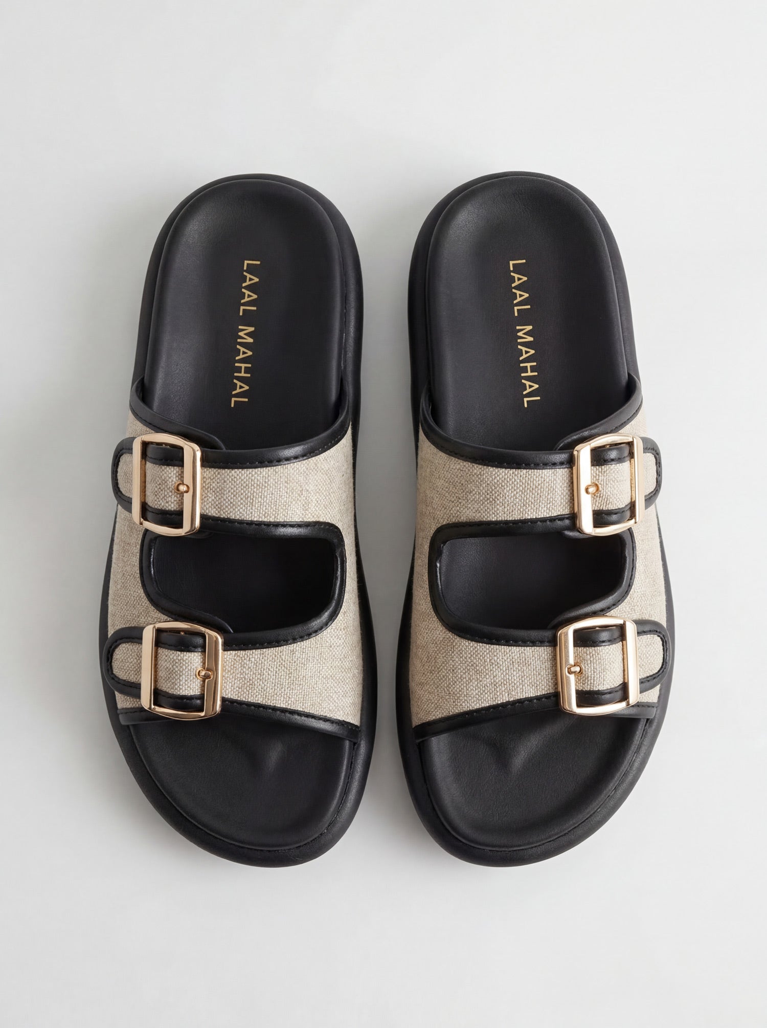 Laal Mahal Monaco Double Buckle Flatform Sandals top side angle view with gold buckles and medicated sole – women's comfort sandals Pakistan
