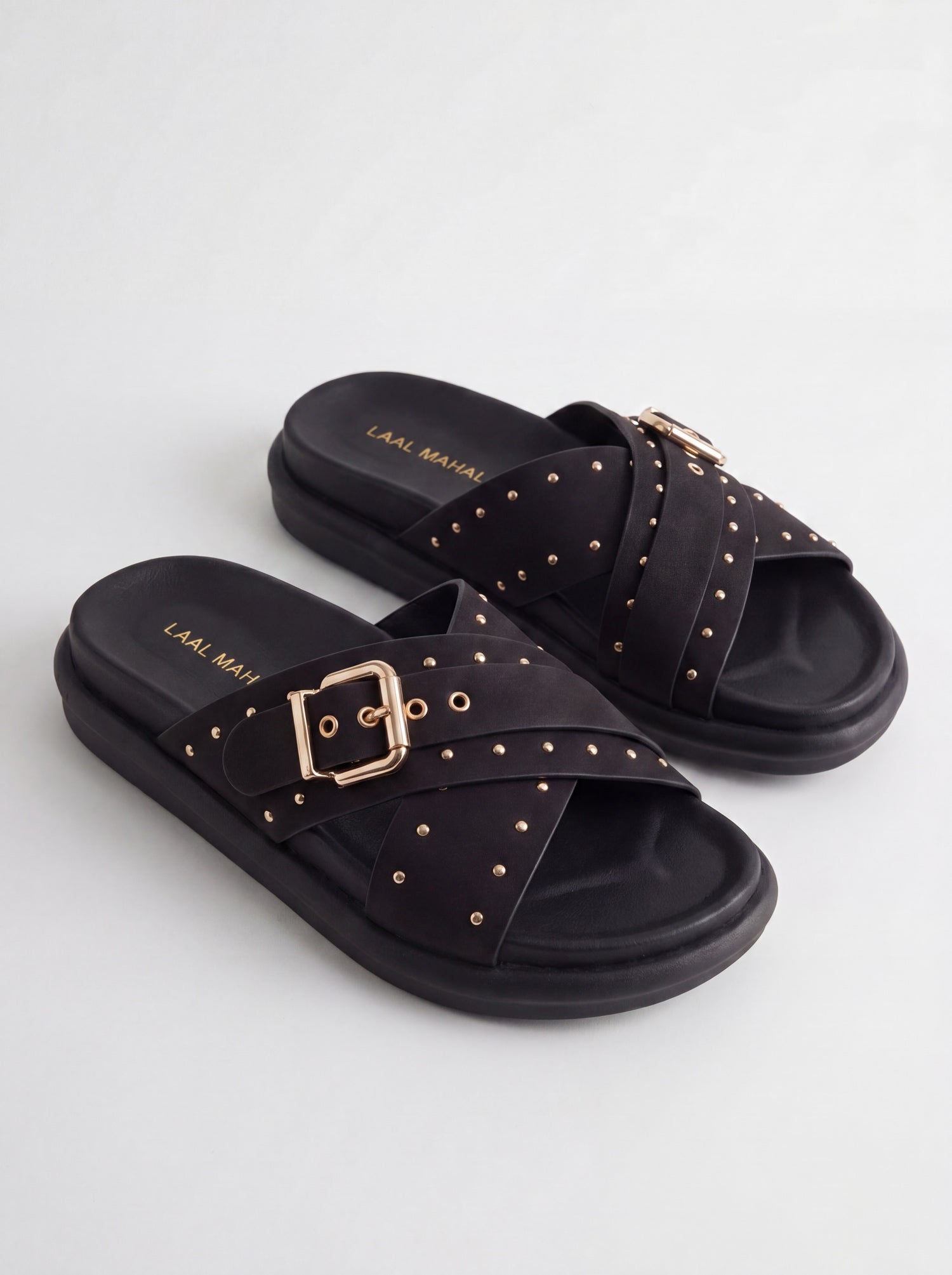 Laal Mahal Vesper Studded Crossover Sandals black 3/4 angle view showing crossover straps gold buckle and micro studs – women's summer sandals Pakistan