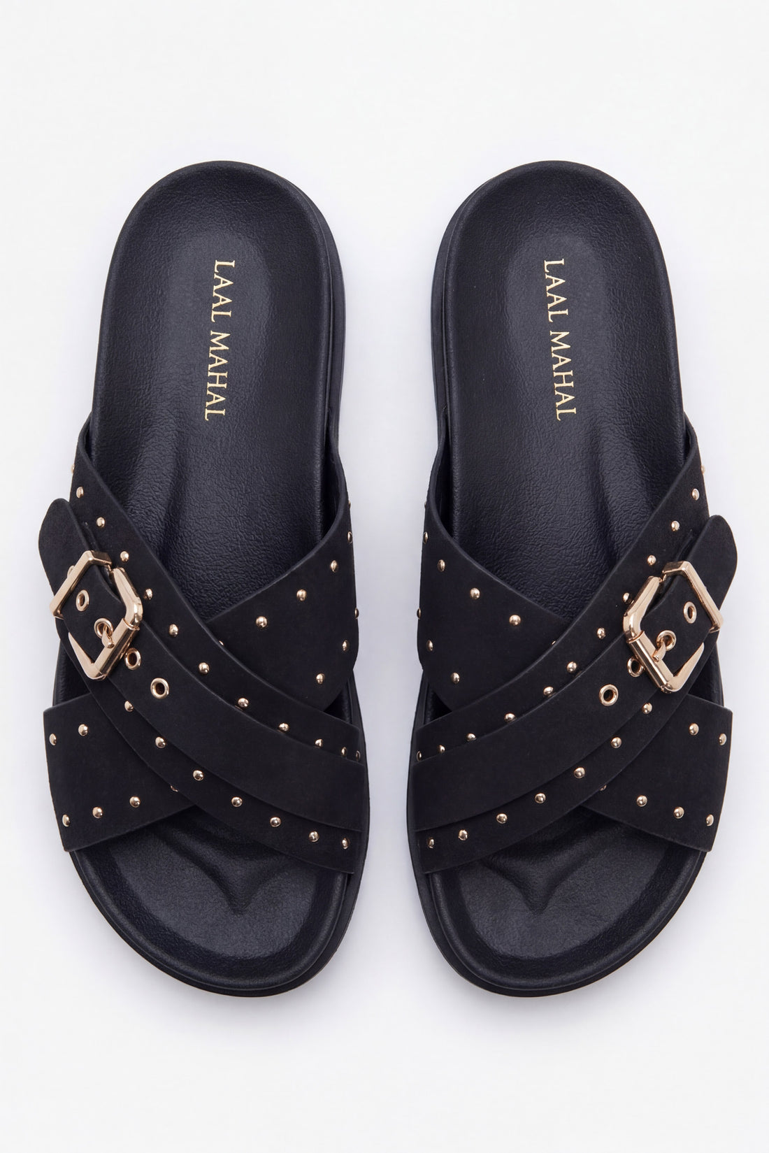 Laal Mahal Vesper Studded Crossover Sandals black worn on foot with beige outfit – women's comfort sandals Pakistan