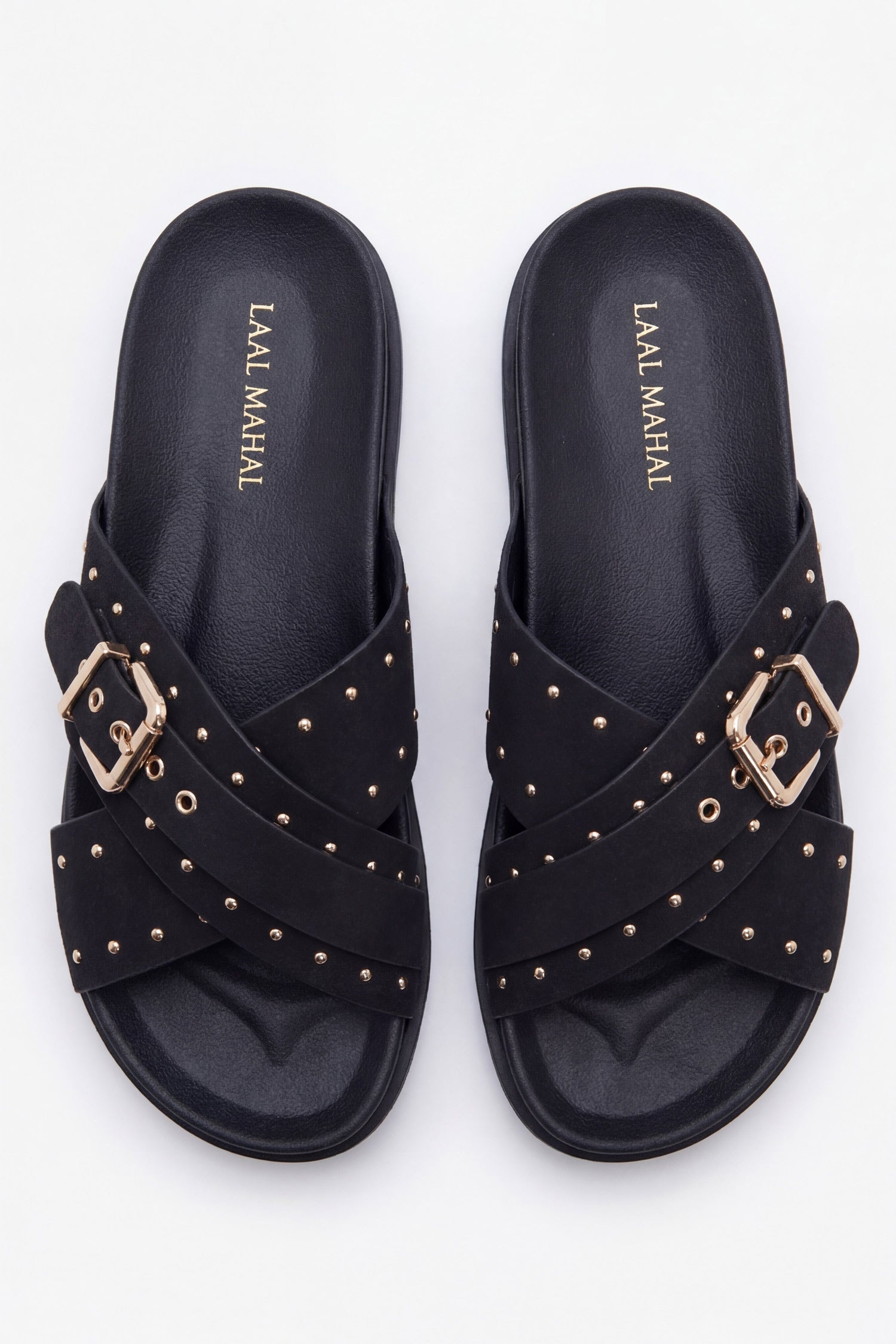 Laal Mahal Vesper Studded Crossover Sandals black top view showing gold micro studs and crossover buckle straps