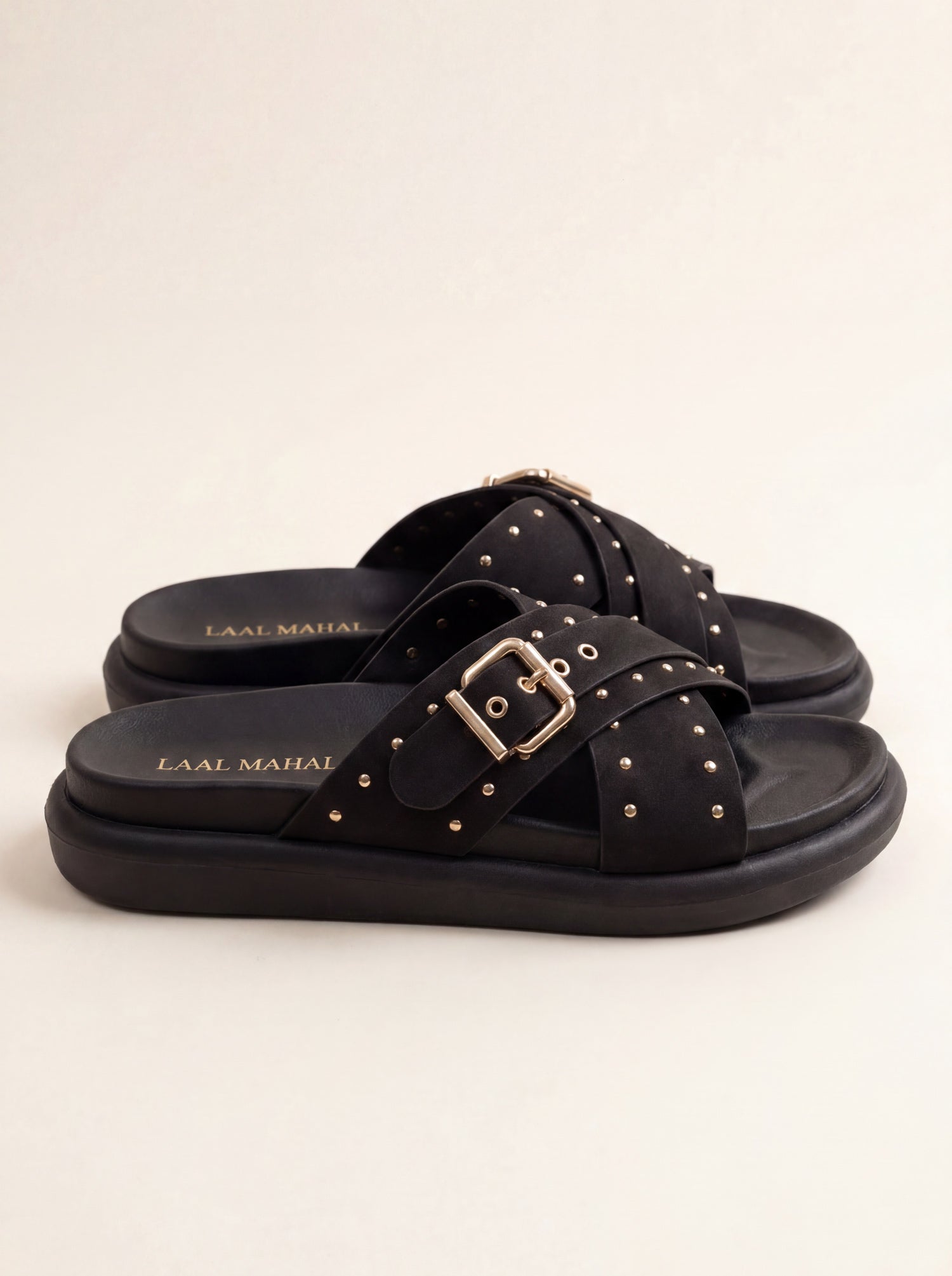 Laal Mahal Vesper Studded Crossover Sandals black side view showing medicated sole and gold stud detailing