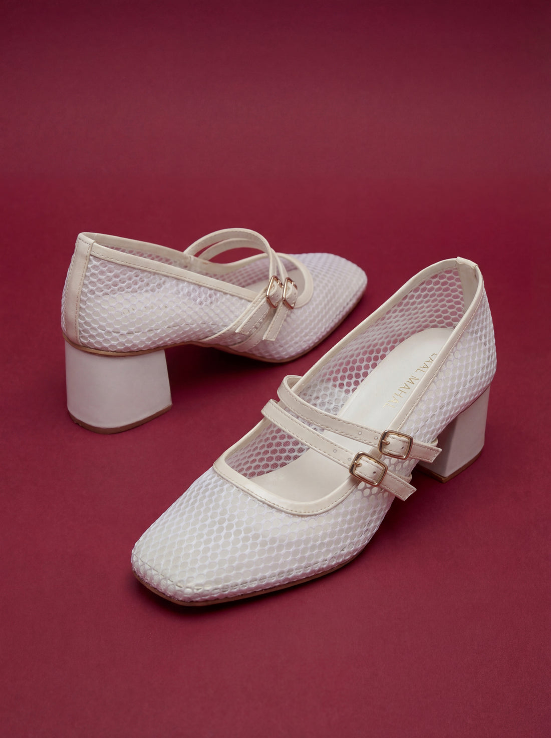 White mesh double buckle block heels 2 inch women Pakistan Laal Mahal