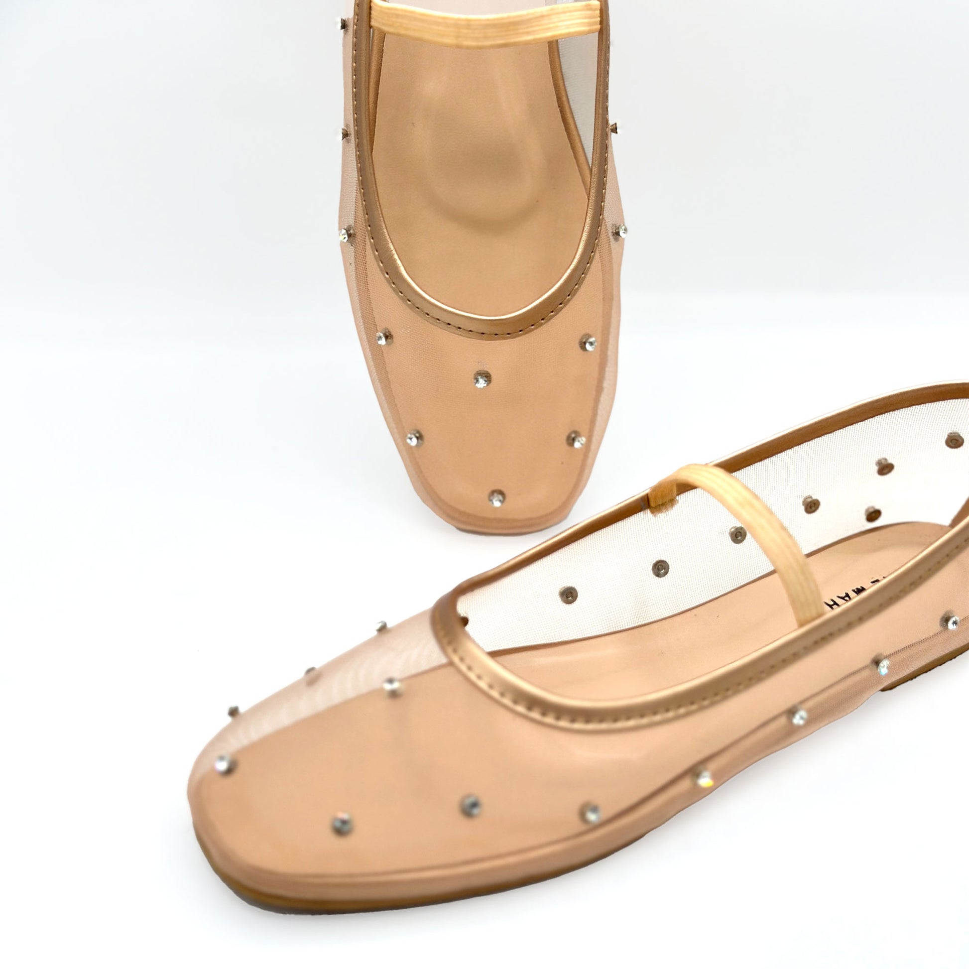 Lustre Grace beige mesh studded ballet flat shoes stud detail close up Pakistan — Laal Mahal