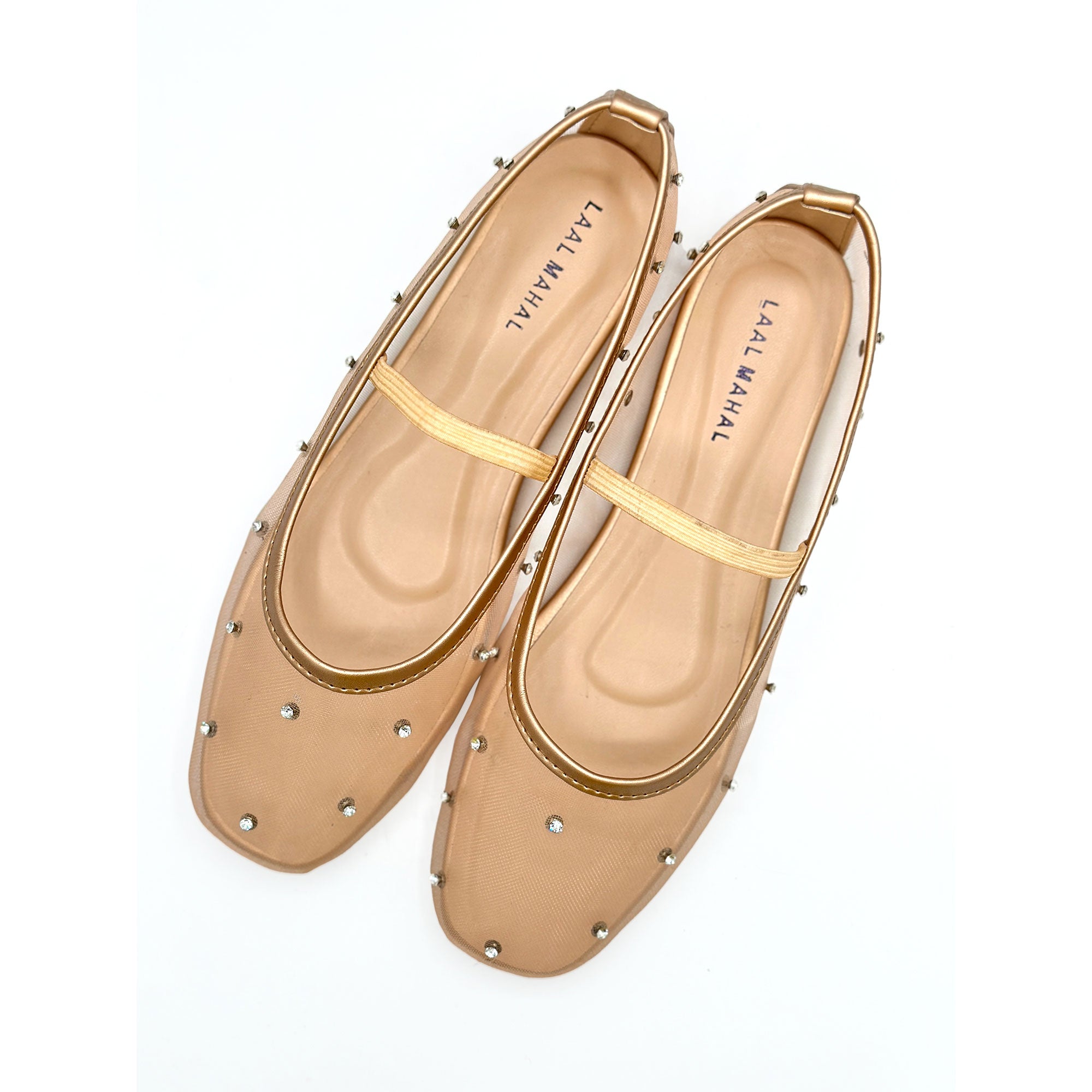 Lustre Grace beige studded mesh ballet flat shoes overhead view Pakistan — Laal Mahal