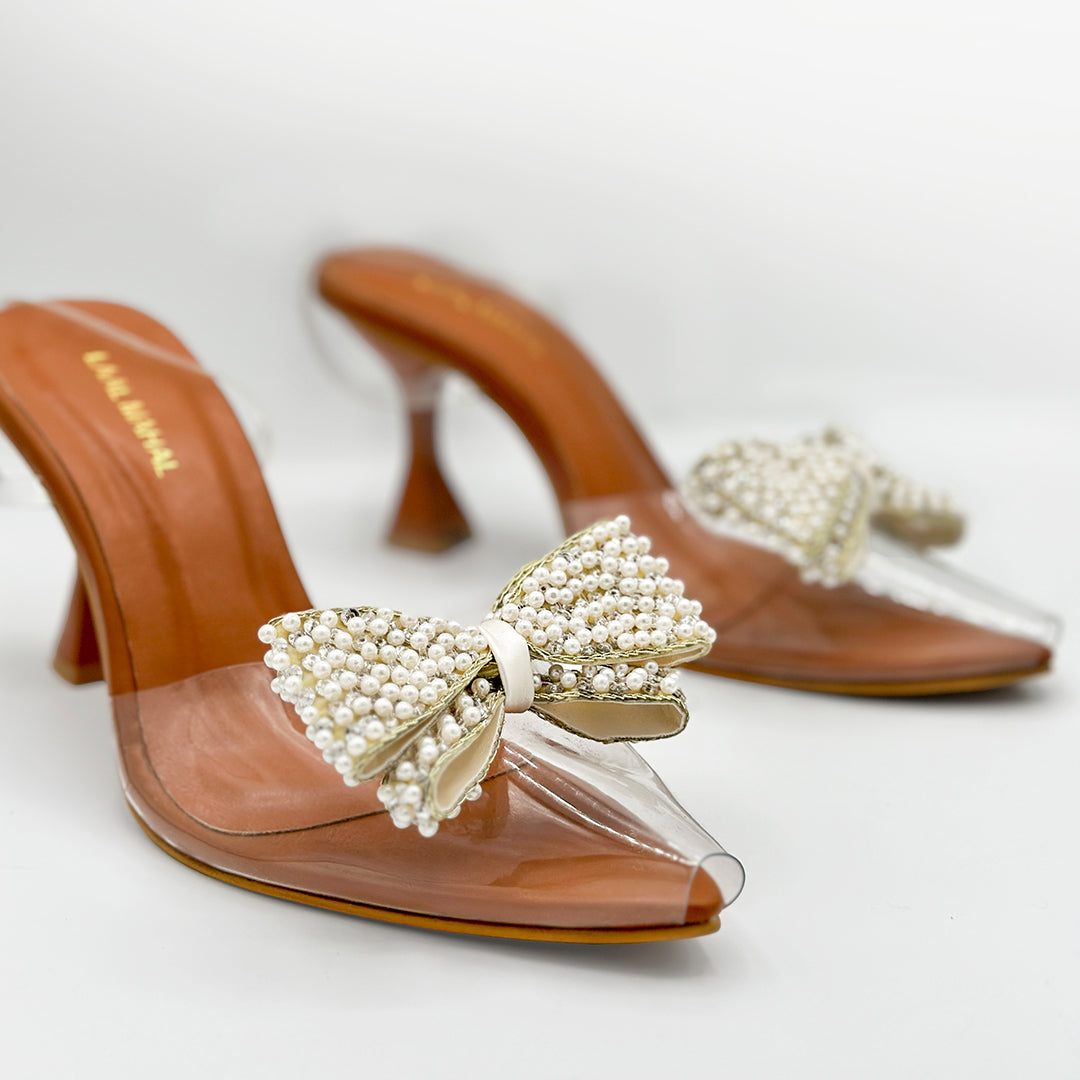 Luxe Bow tan bow detail heeled mules pair front view Pakistan — Laal Mahal