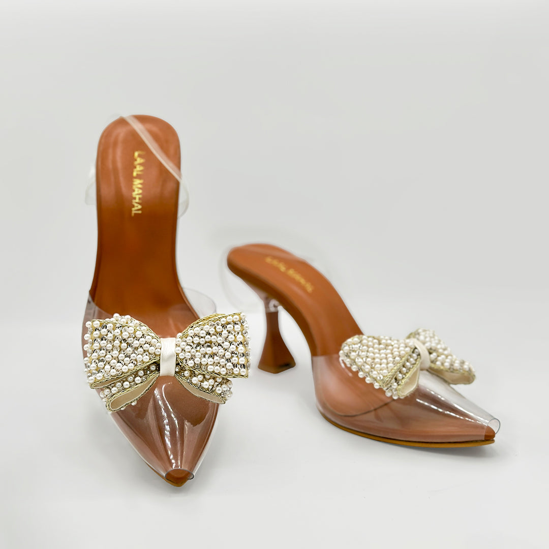 Luxe Bow tan bow detail heeled mules side profile Pakistan — Laal Mahal