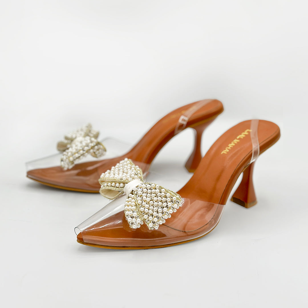 Luxe Bow tan bow detail heeled mules single angled view Pakistan — Laal Mahal
