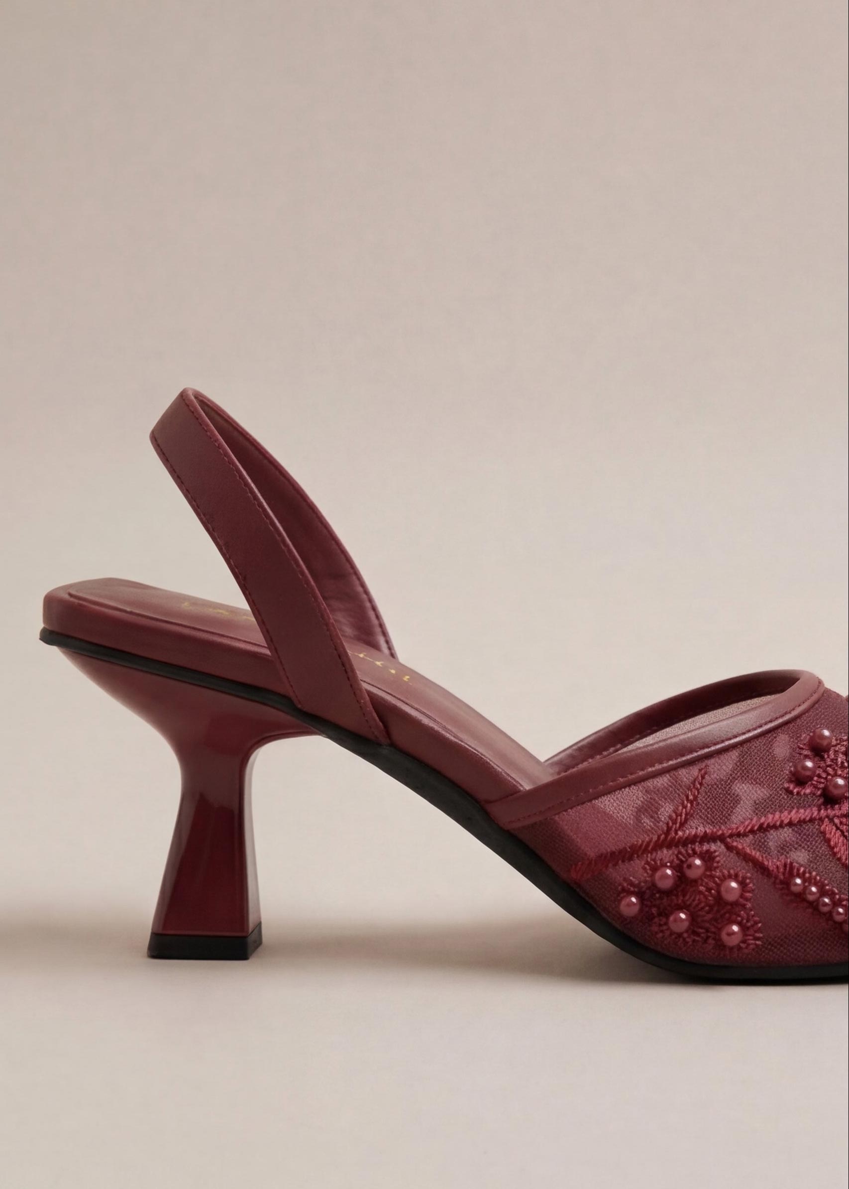 Lyra maroon floral embellished slingback heels detail close up Pakistan — Laal Mahal