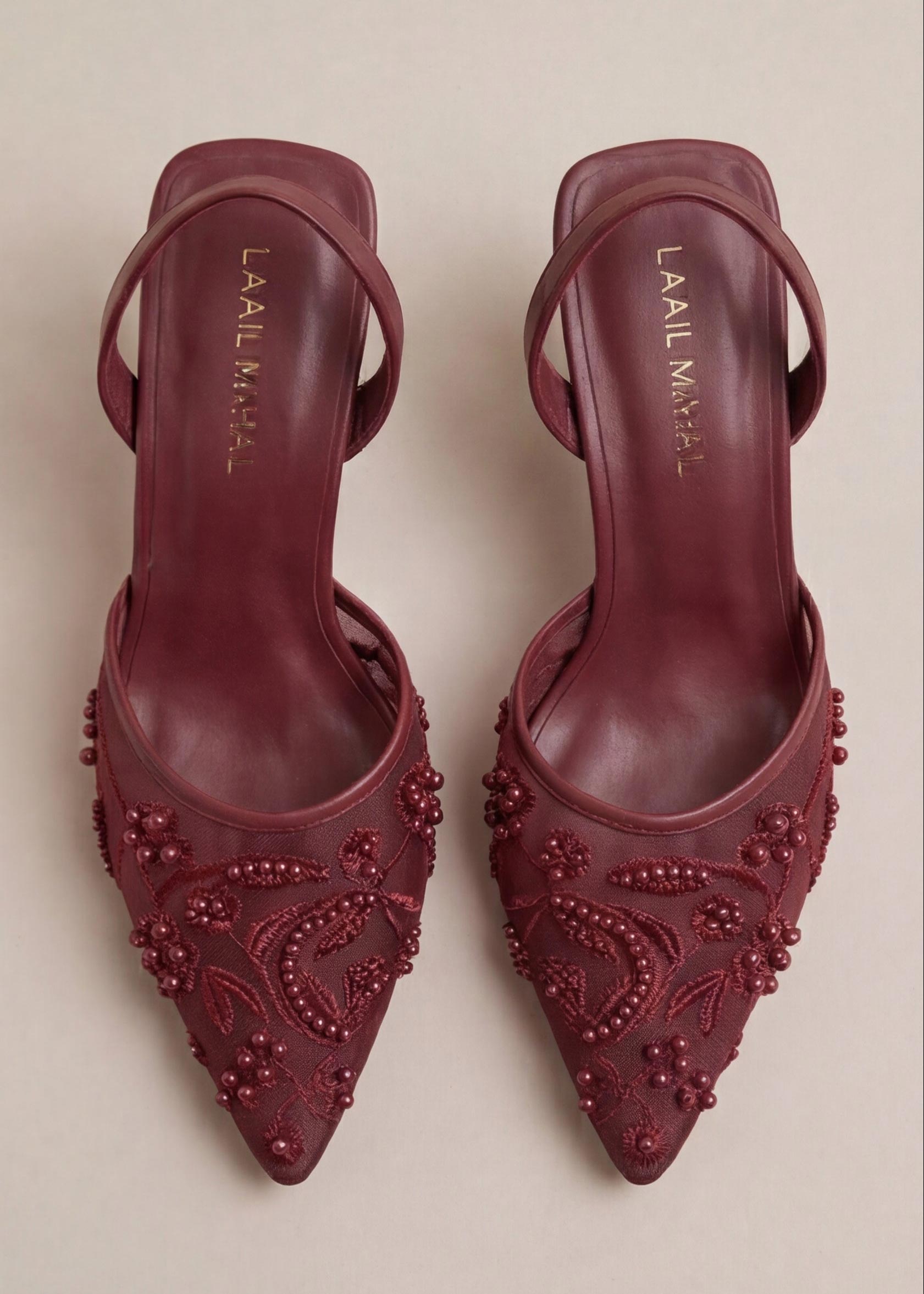 Lyra maroon embellished slingback heels pair top view Pakistan — Laal Mahal