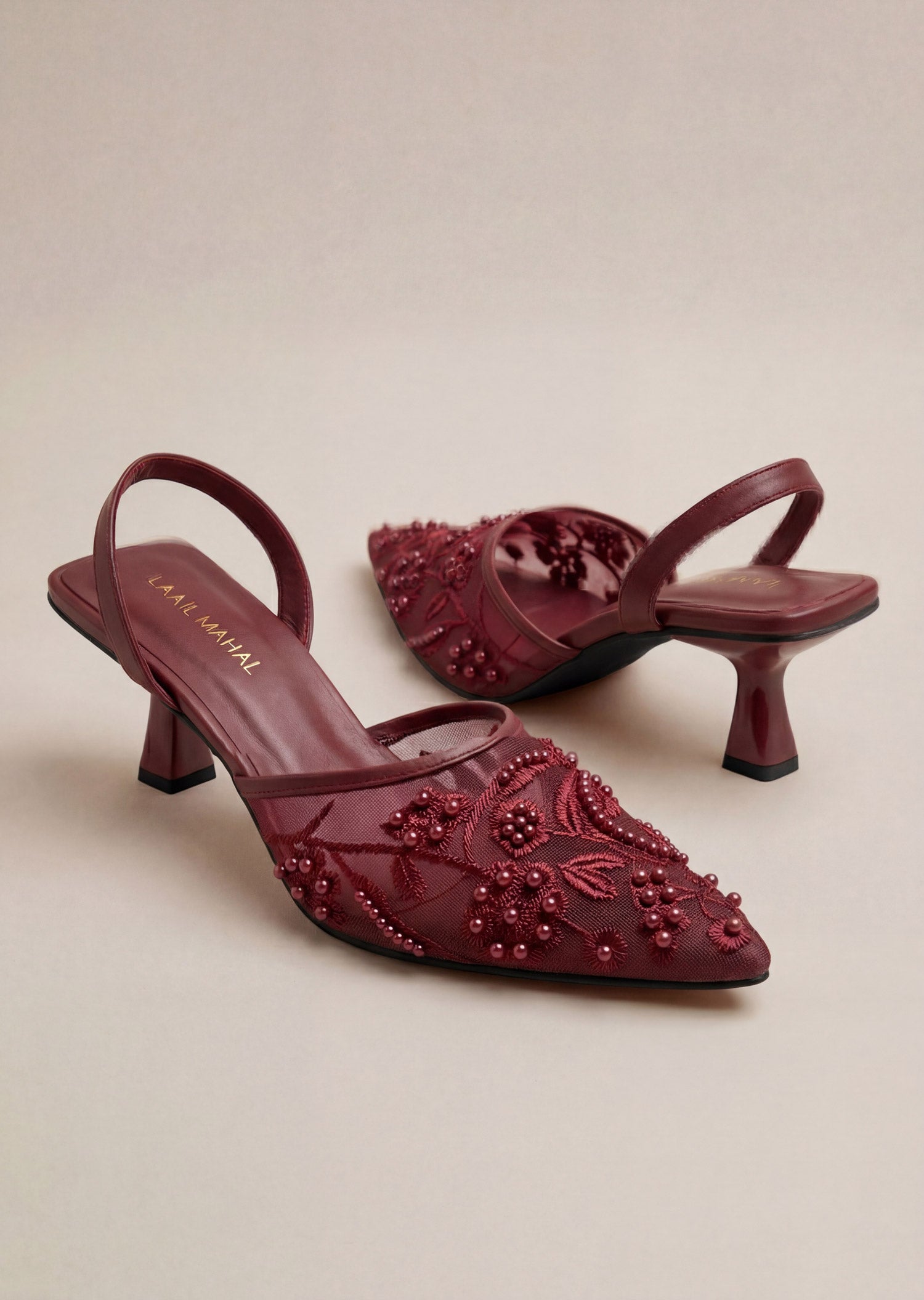 Lyra maroon embellished slingback heels side profile Pakistan — Laal Mahal