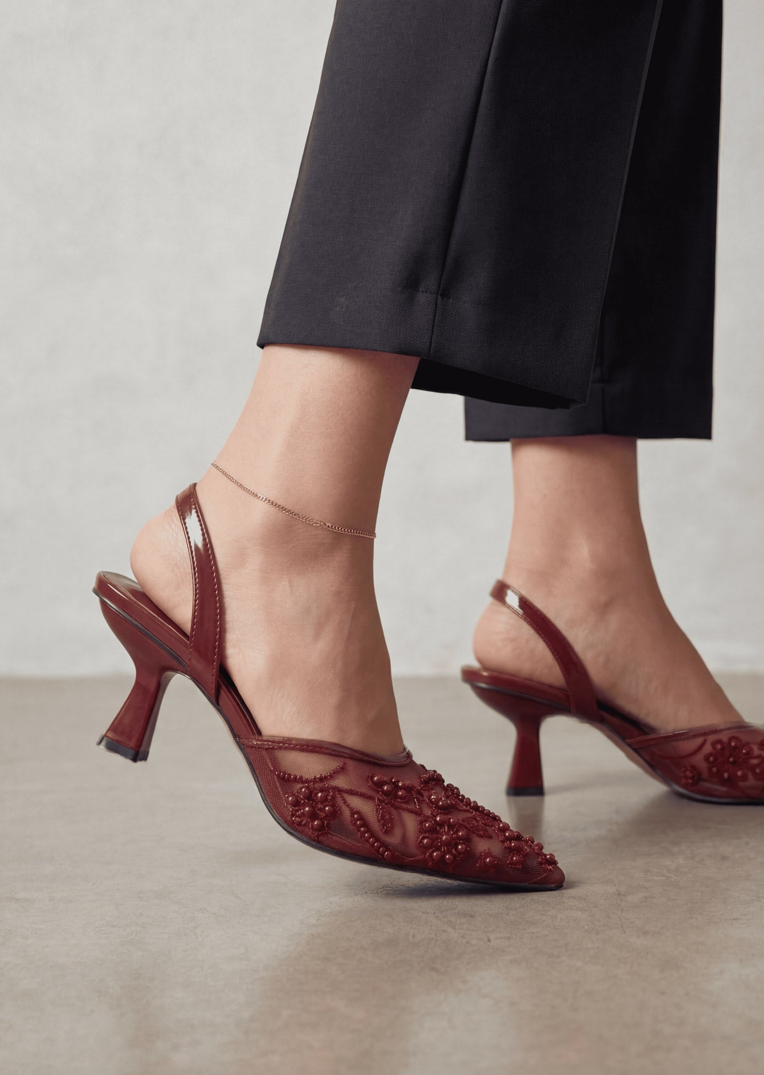 Lyra maroon embellished slingback heels worn close up side view Pakistan — Laal Mahal