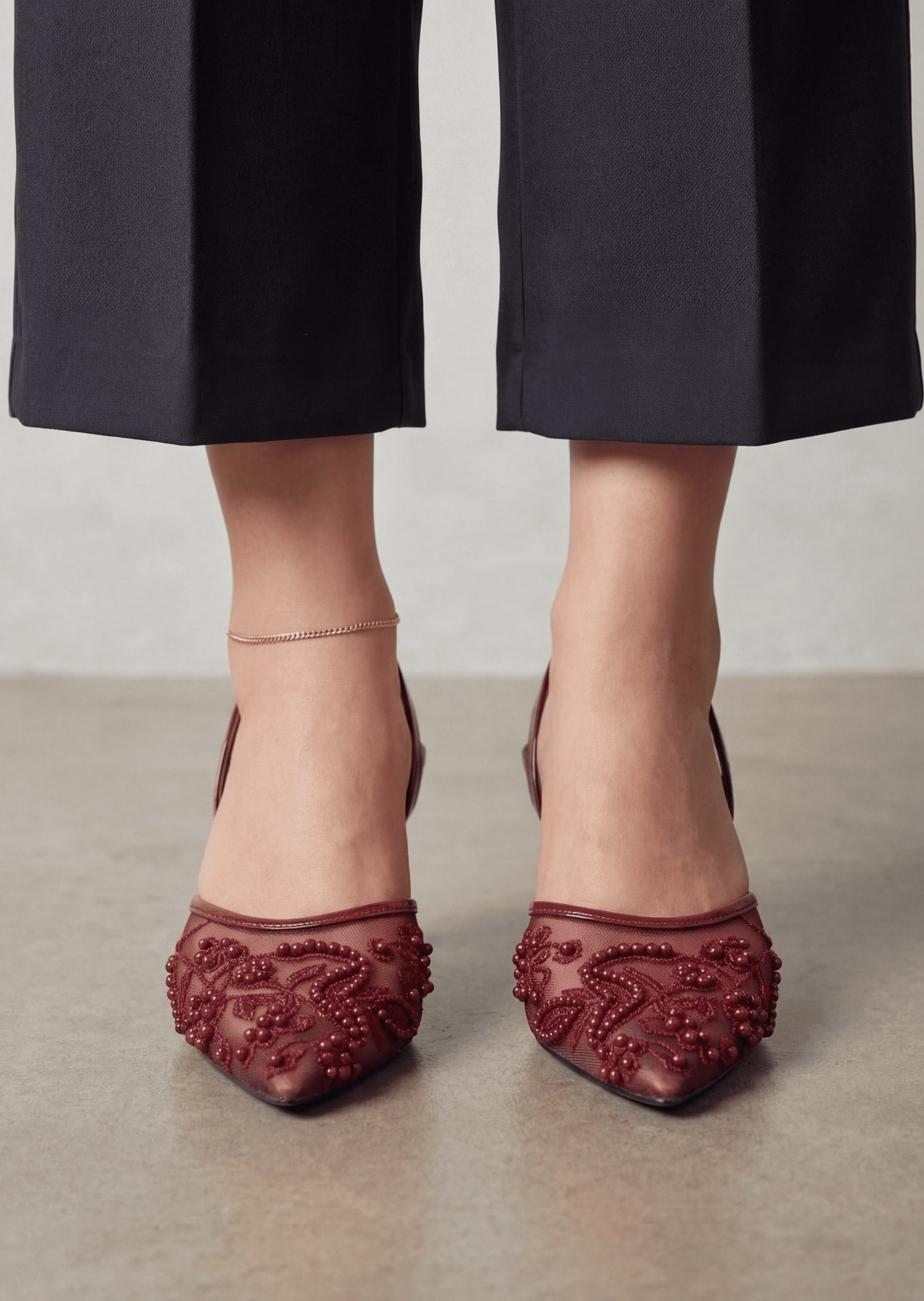 Lyra maroon embellished slingback heels worn front view Pakistan — Laal Mahal