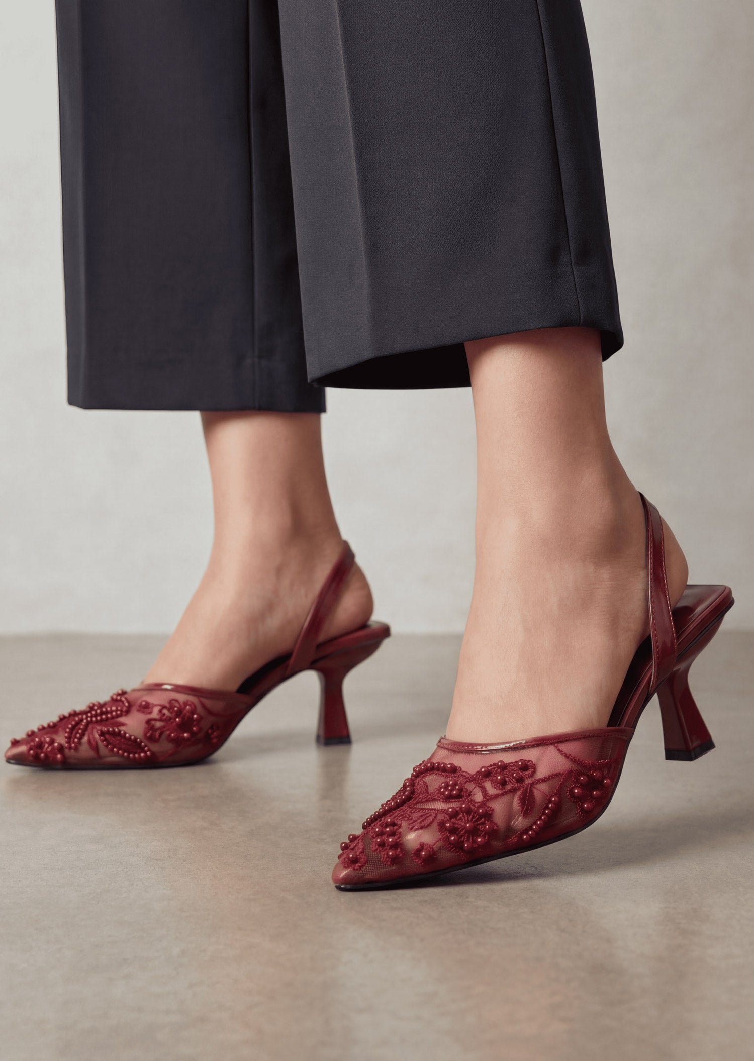 Lyra maroon embellished slingback heels worn with grey trousers Pakistan — Laal Mahal