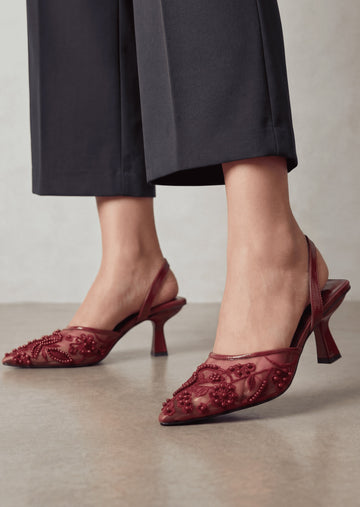 Lyra maroon embellished slingback heels worn with grey trousers Pakistan — Laal Mahal