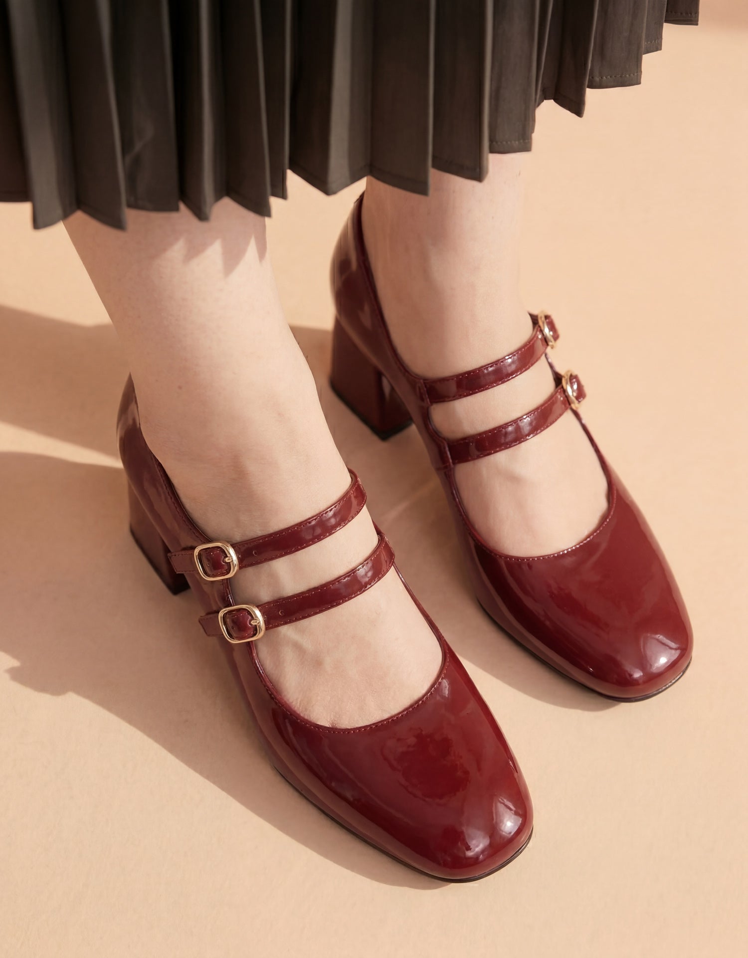 Maroon Mary Jane heels front side view 2.25 inch heel double buckle strap – Laal Mahal Pakistan