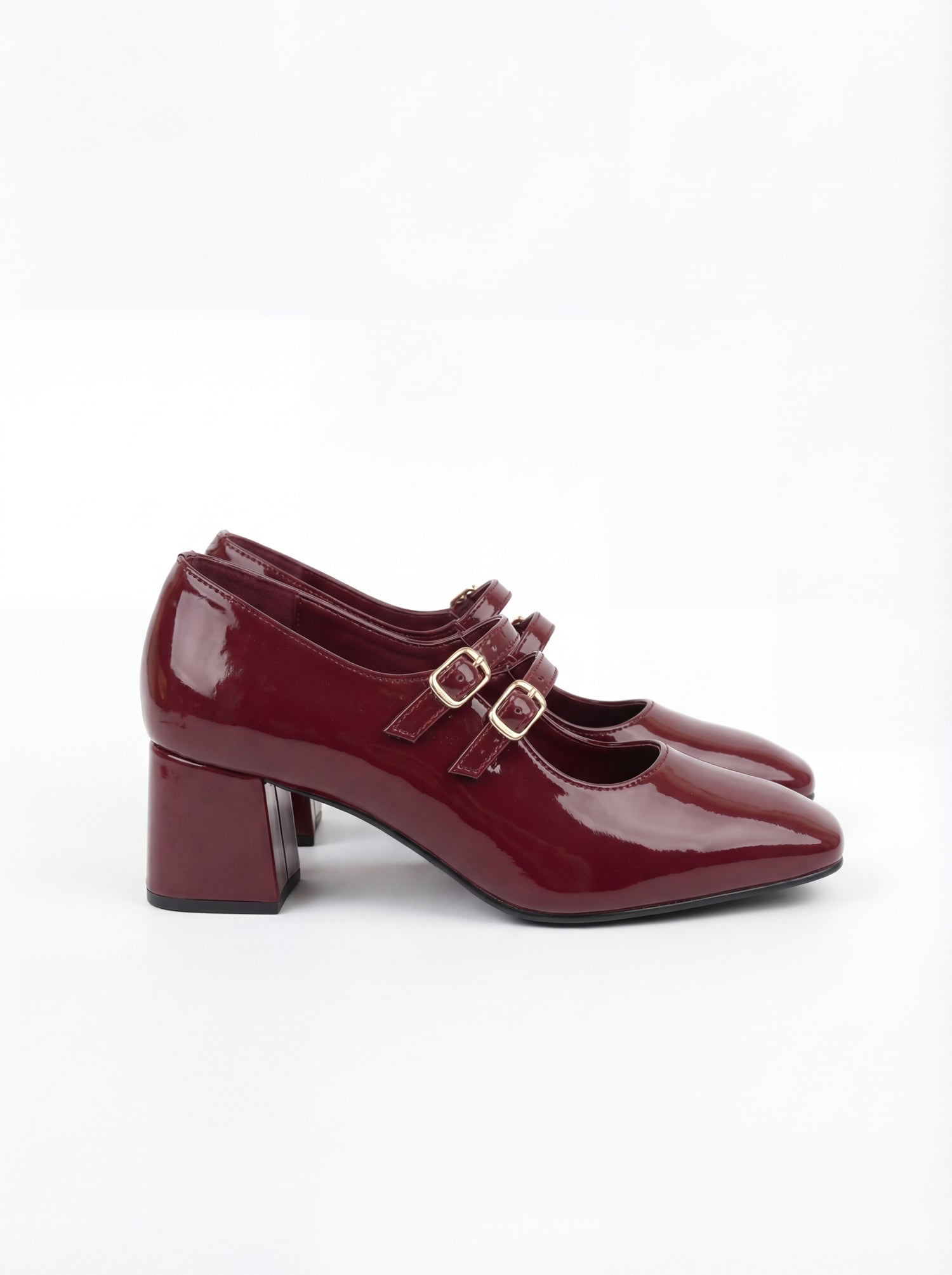 Maroon Mary Jane heels side view 2.25 inch heel double buckle strap – Laal Mahal Pakistan