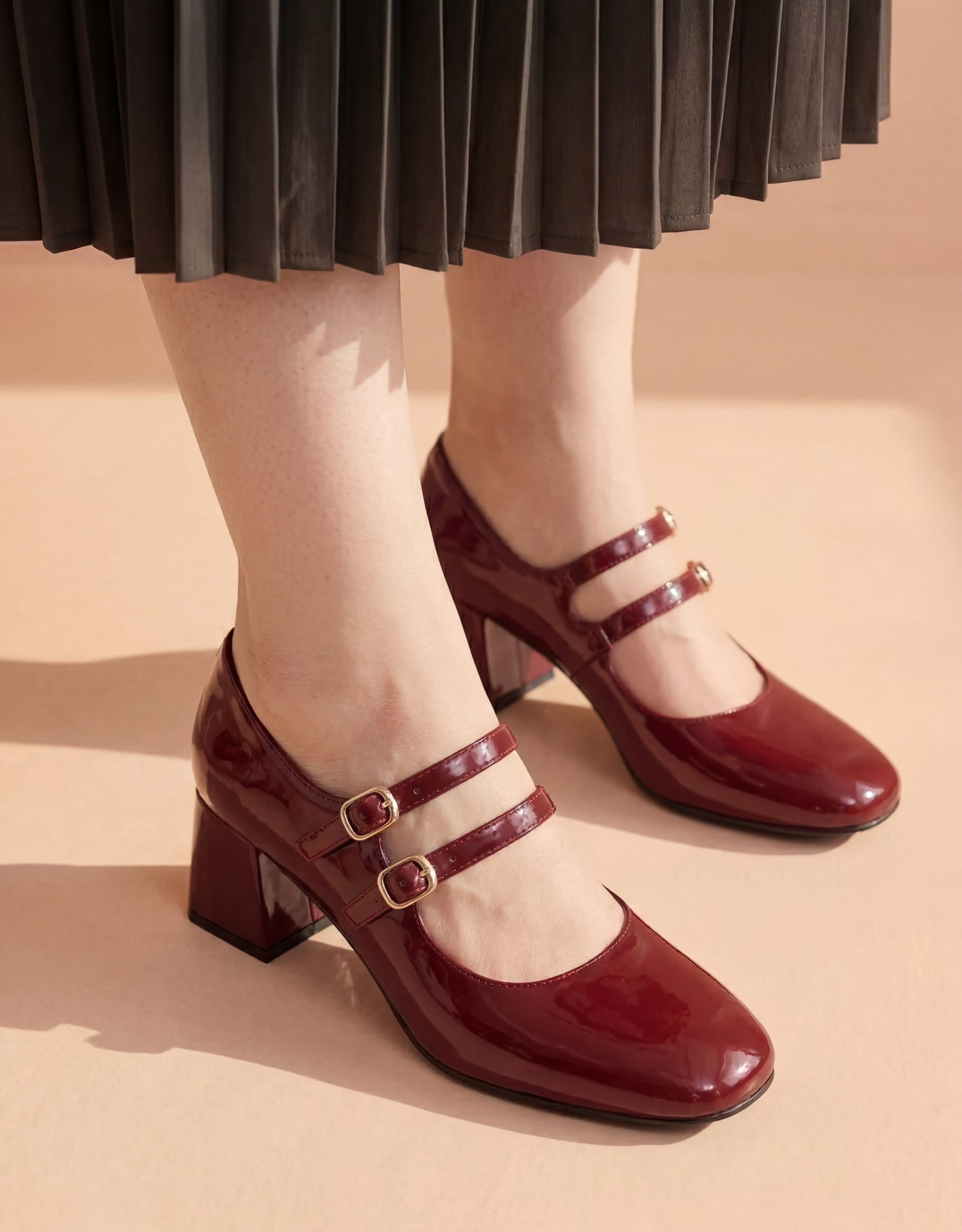 Maroon patent leather Mary Jane heels top view – Laal Mahal Pakistan