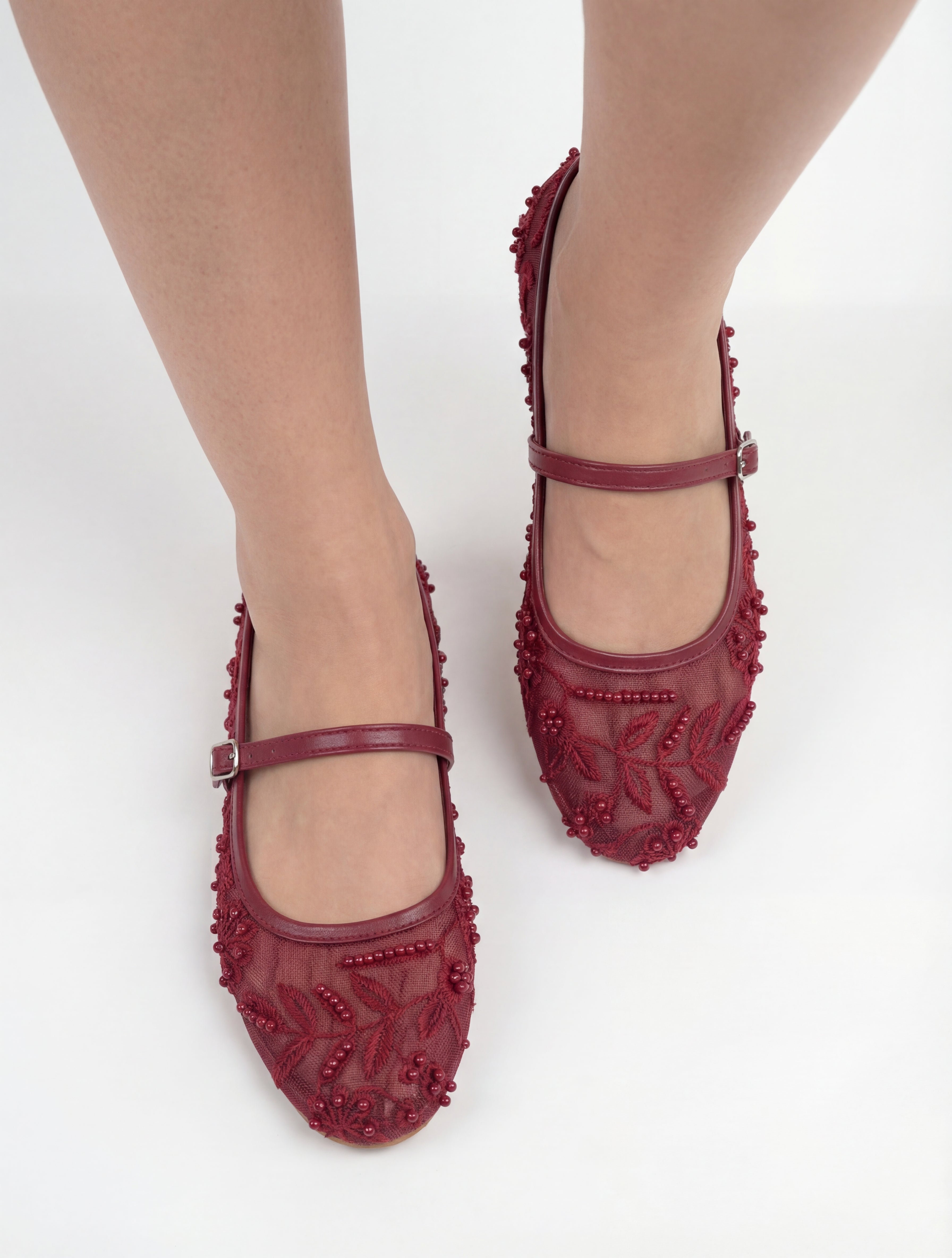 Maroon Embroidered Mesh Ballerinas