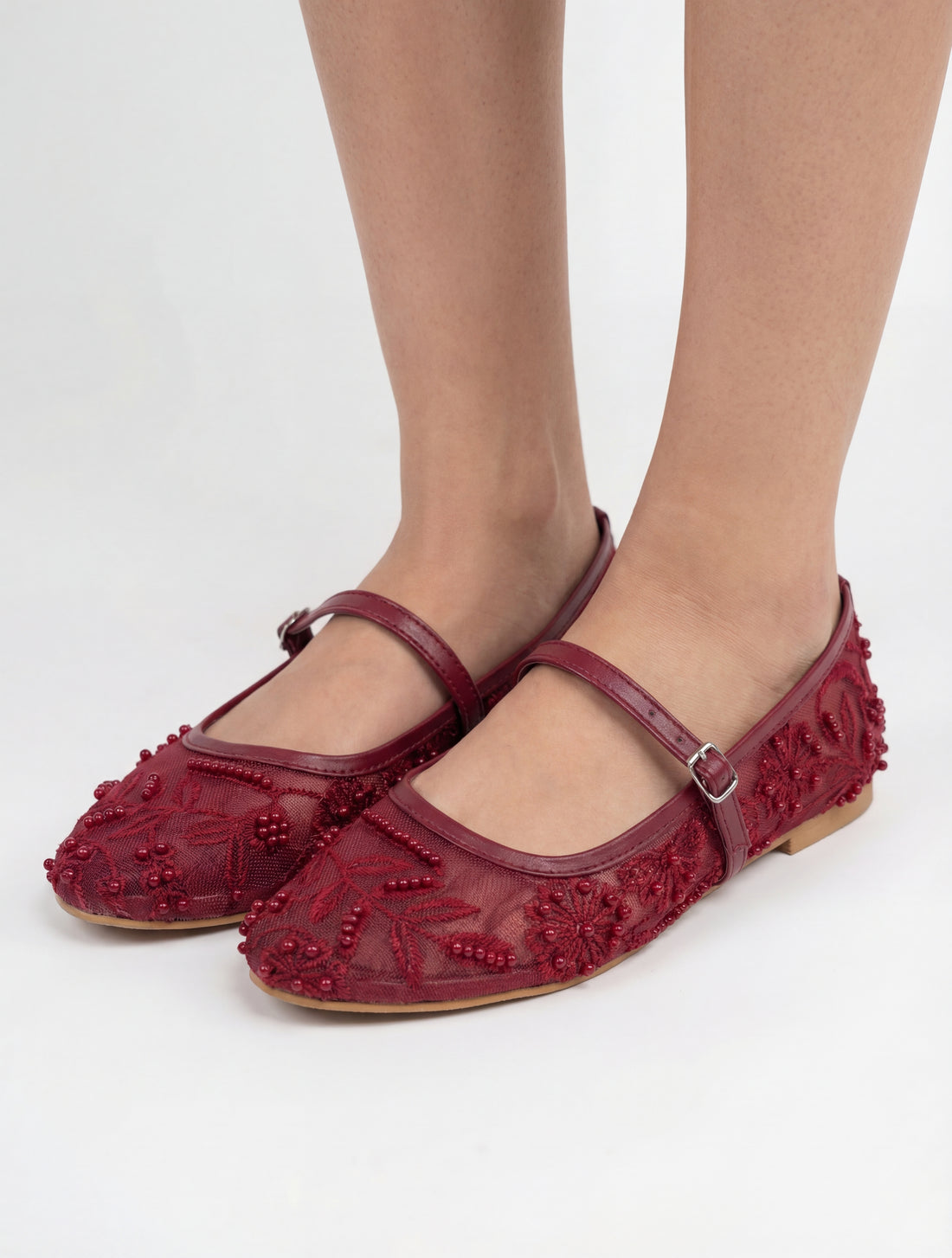 Maroon Embroidered Mesh Ballerinas