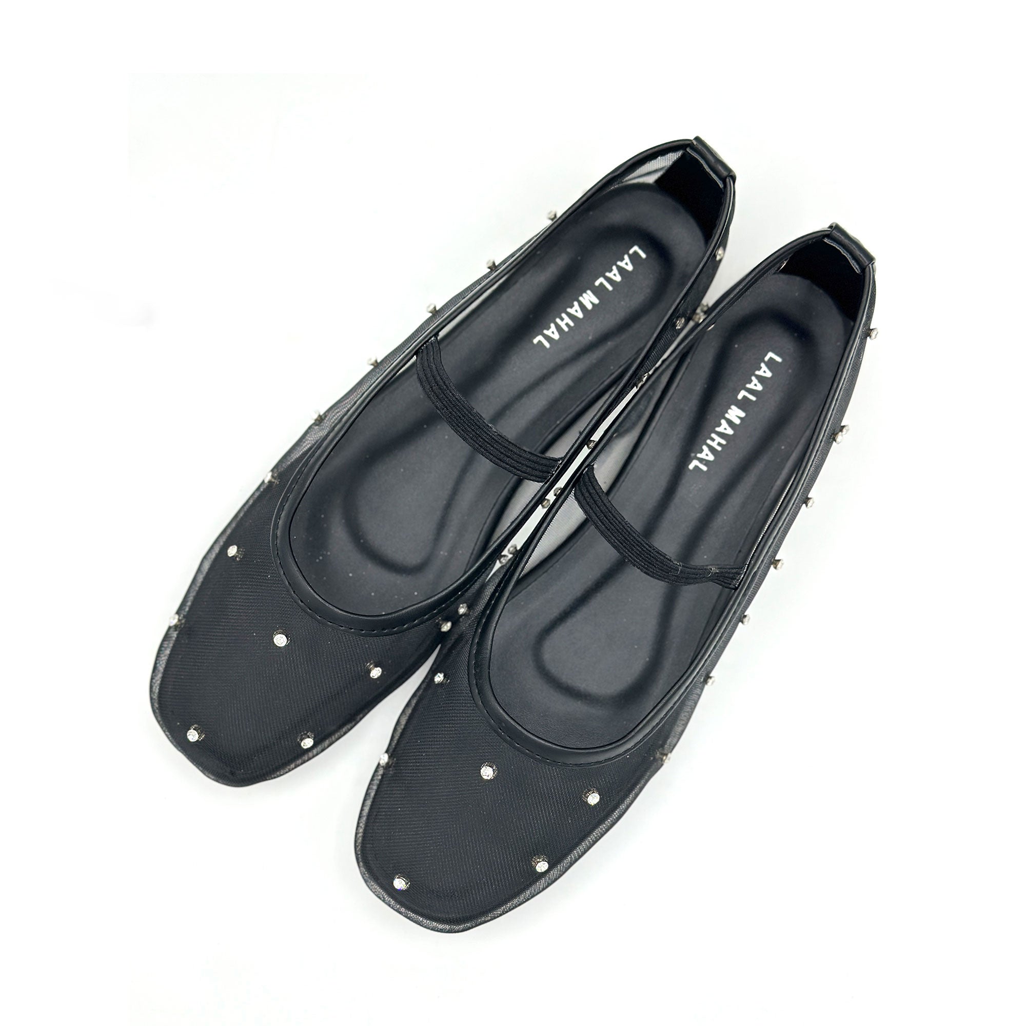 Midnight Grace black studded mary jane flat shoes pair flat lay Pakistan — Laal Mahal