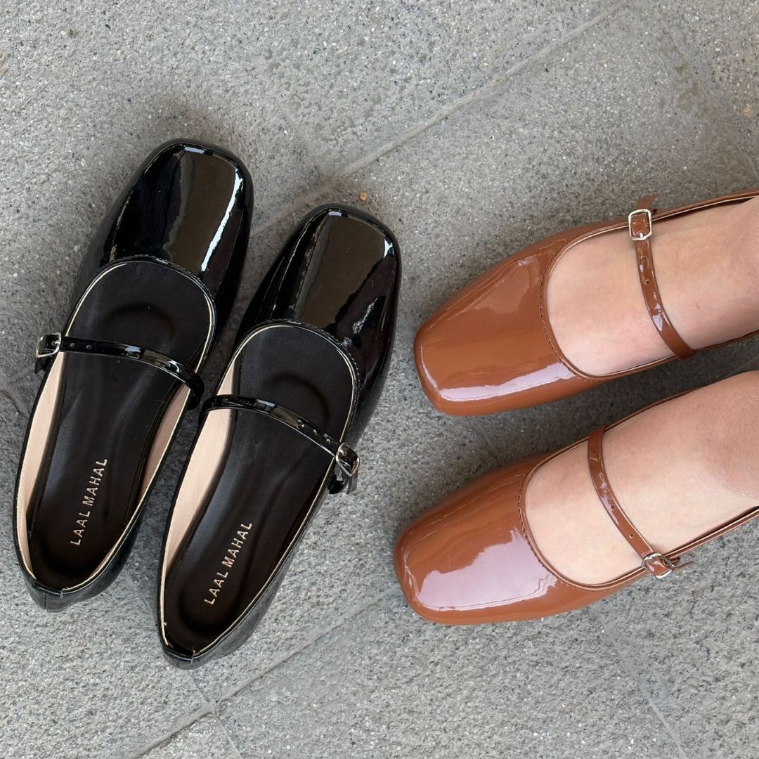 Mocha brown and Glossy Black patent leather mary jane flat shoes comparison Pakistan — Laal Mahal