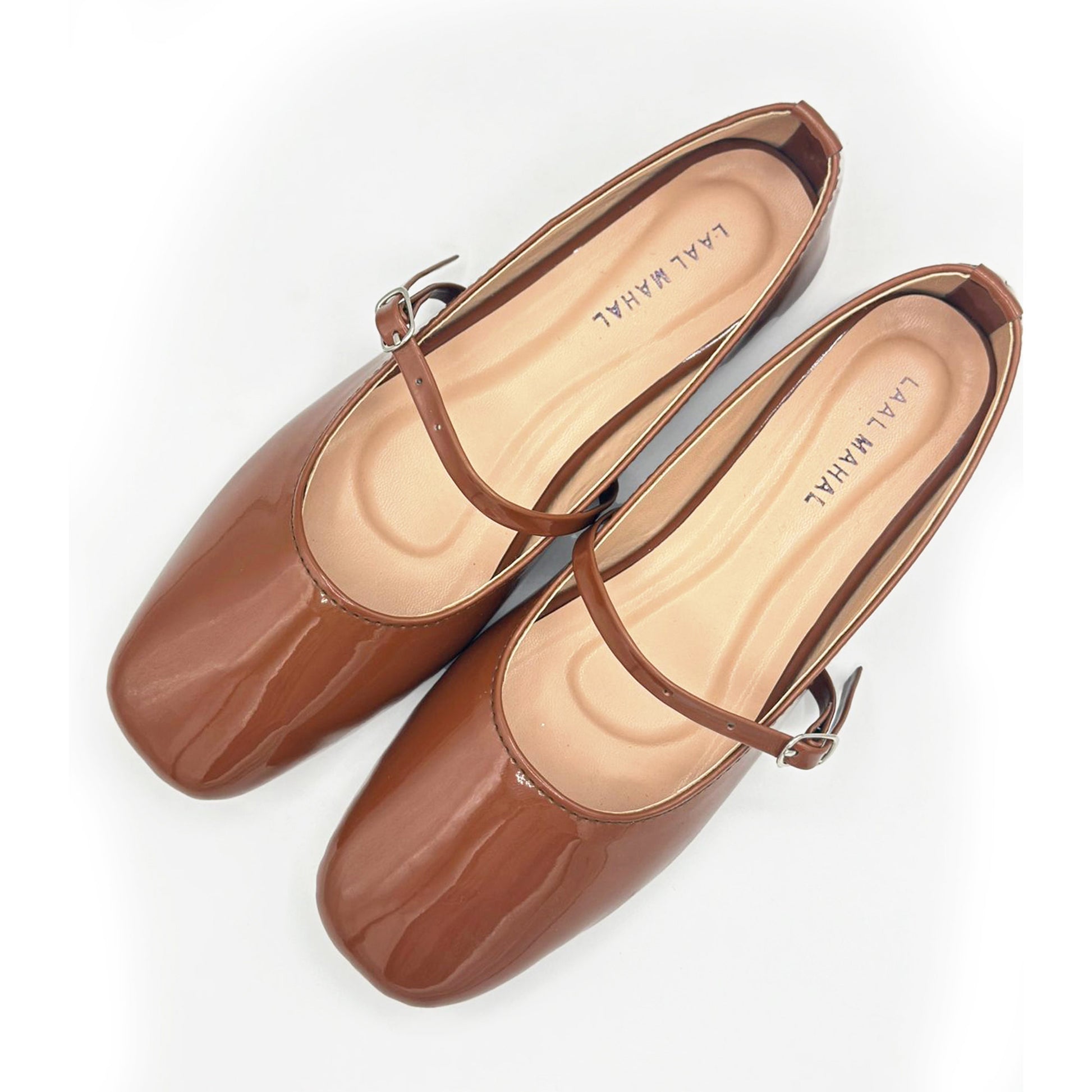 Mocha brown patent leather mary jane flat shoes pair angled top view Pakistan — Laal Mahal