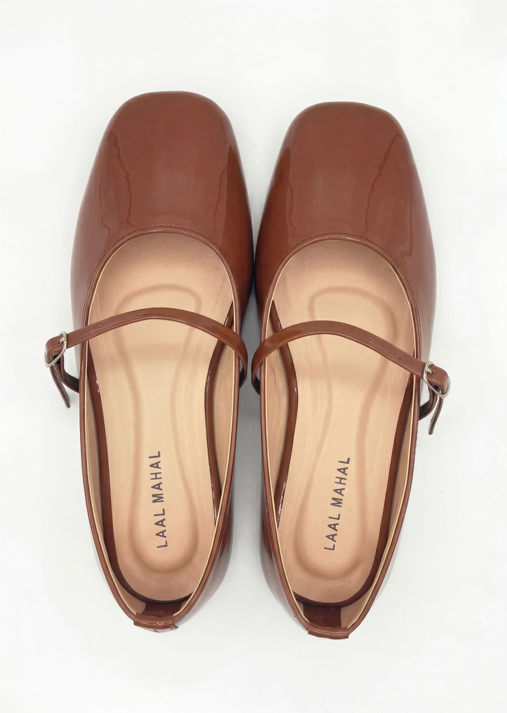 Mocha brown patent leather mary jane flat shoes pair top view Pakistan — Laal Mahal