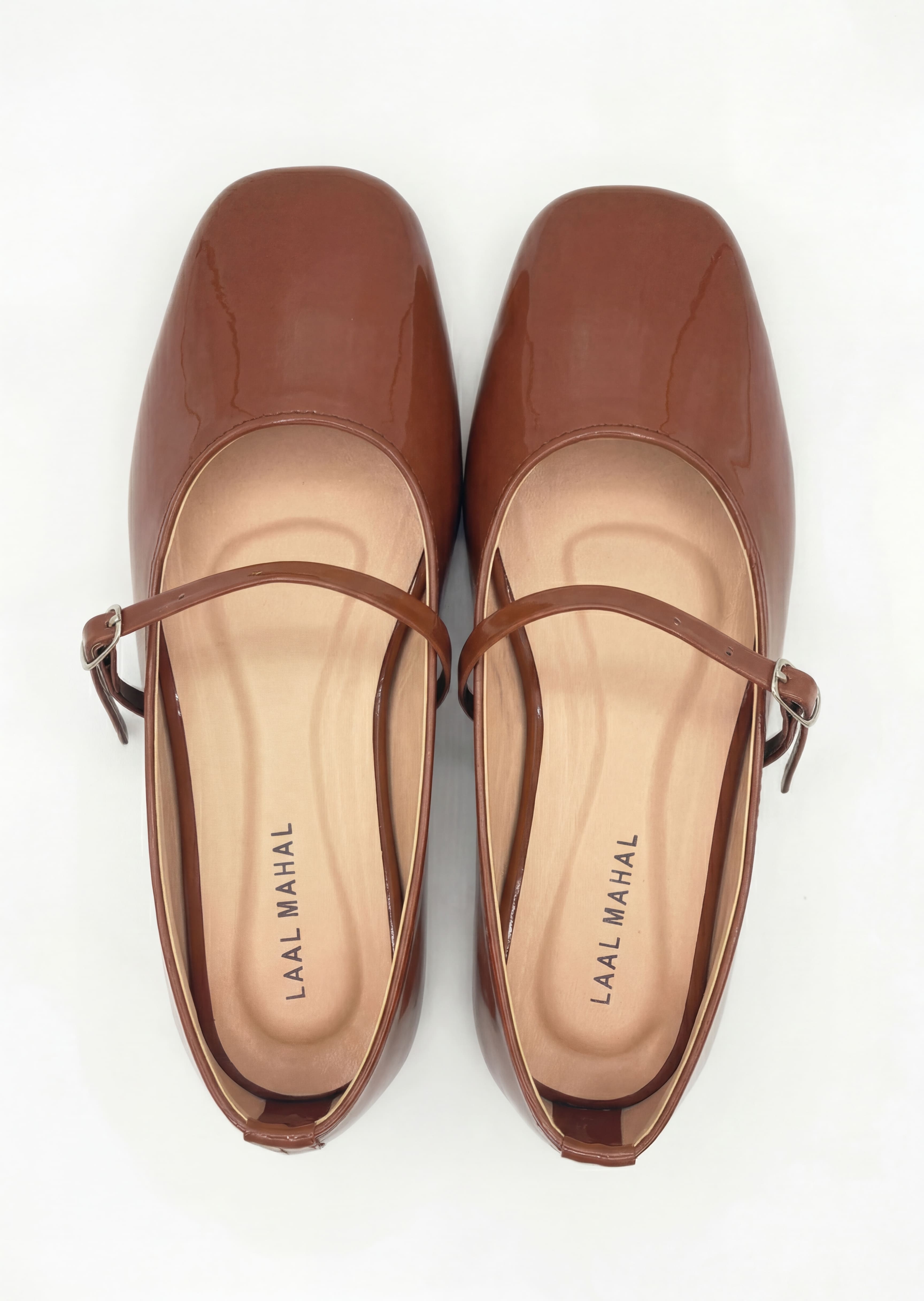 Mocha brown patent leather mary jane flat shoes pair top view Pakistan — Laal Mahal