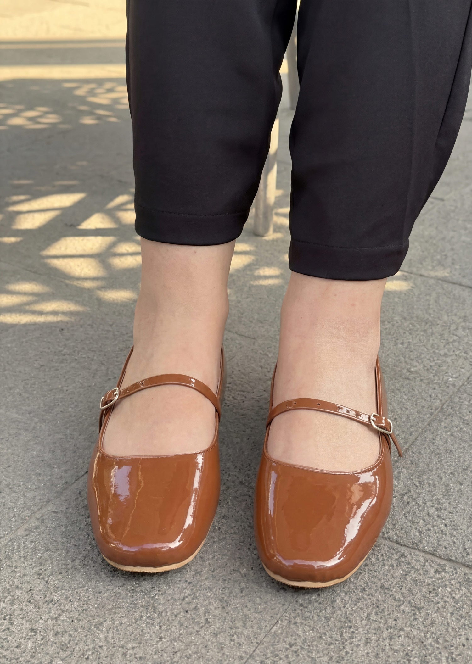 Mocha brown patent leather mary jane flat shoes worn street style Pakistan — Laal Mahal