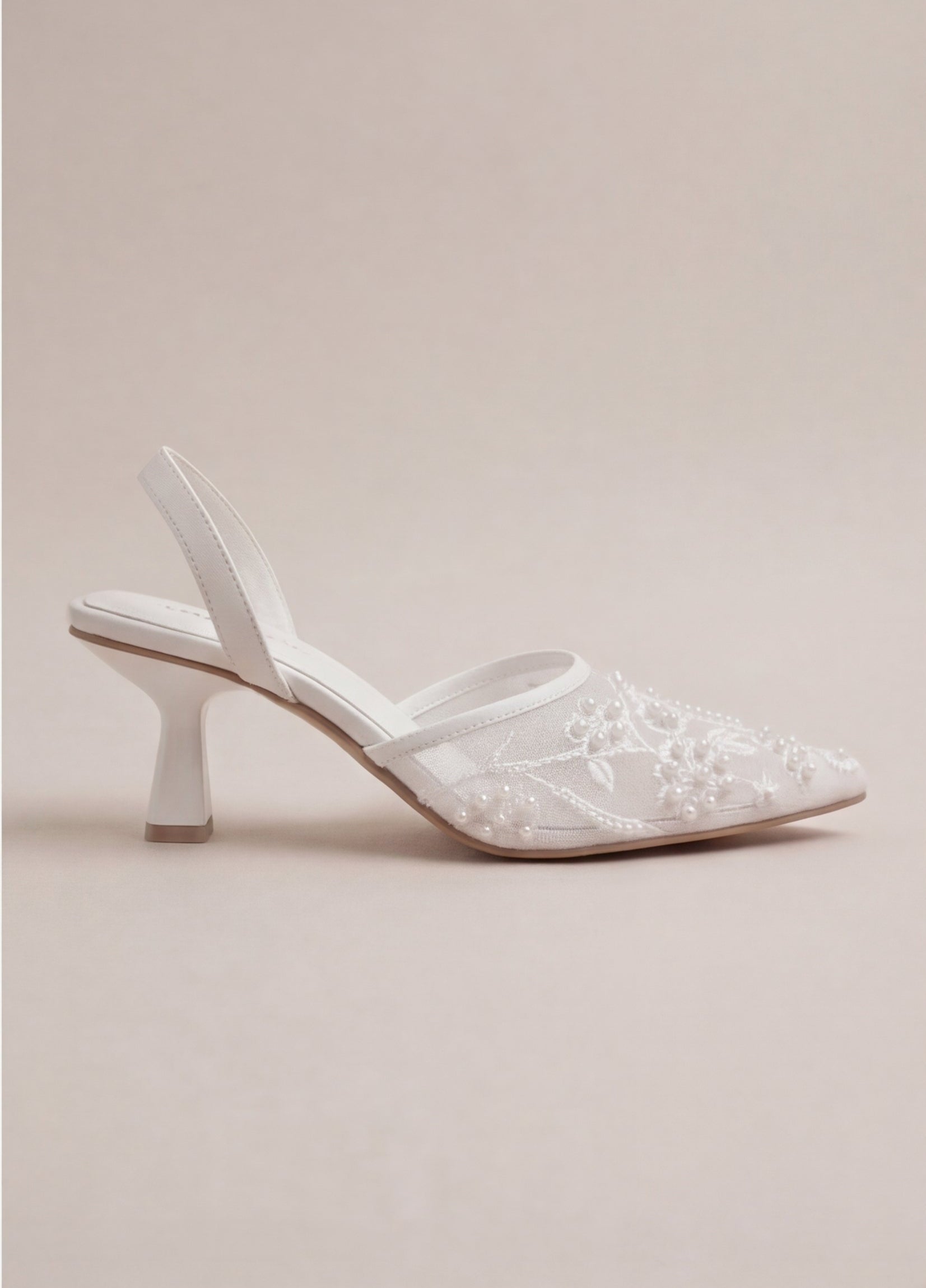 Moon Pearl embroidered pearl slingback heels angled view Pakistan — Laal Mahal