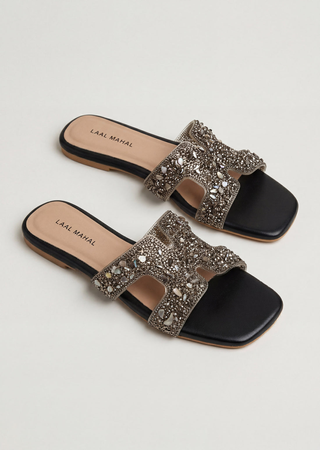 Noir black sequin embellished bow flat slide sandals women Pakistan – Laal Mahal