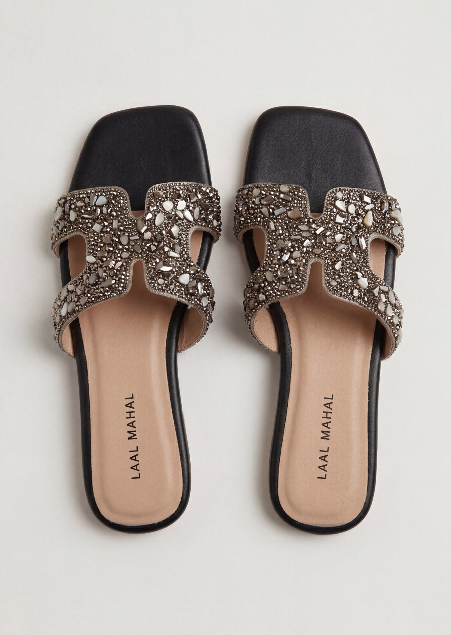 Noir black sequin bow flat slide sandals top view women Pakistan – Laal Mahal
