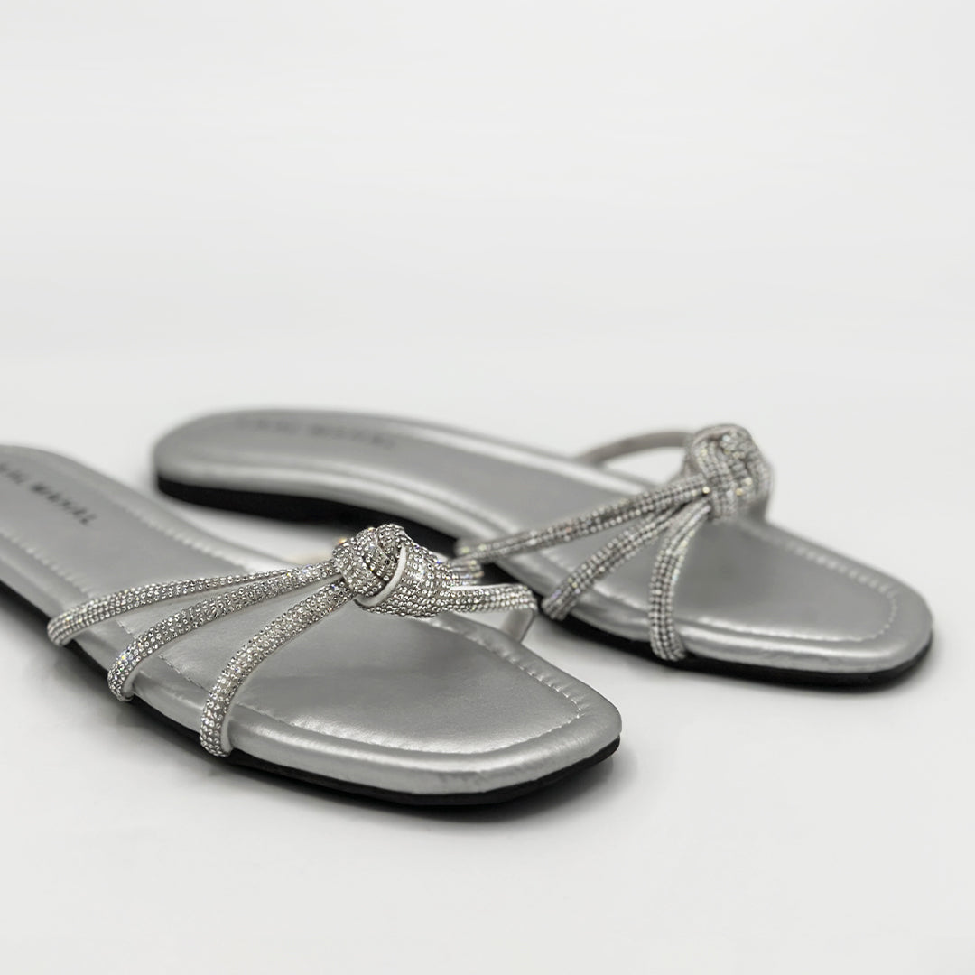 Nova silver rhinestone knot strap flat slide sandals pair women Pakistan – Laal Mahal