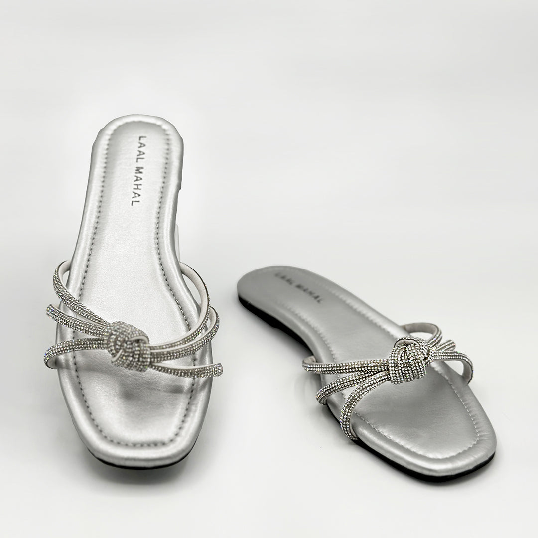 Nova silver rhinestone knot strap flat slide sandals pair women Pakistan – Laal Mahal