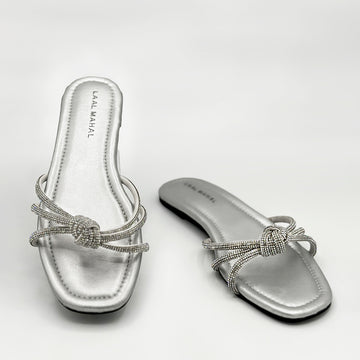 Nova silver rhinestone knot strap flat slide sandals pair women Pakistan – Laal Mahal