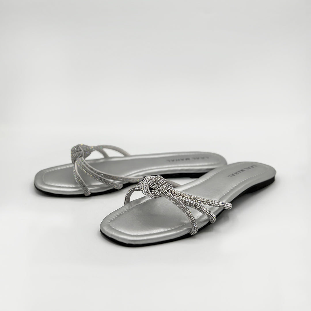 Nova silver rhinestone knot strap flat slide sandals side view women Pakistan – Laal Mahal