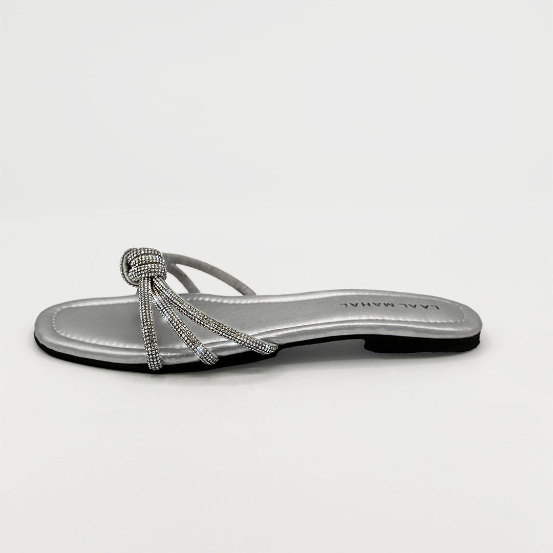 Nova silver rhinestone knot strap flat slide sandal single side view women Pakistan – Laal Mahal