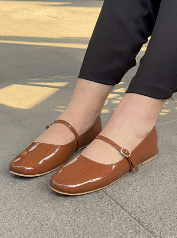 Mocha brown patent leather mary jane flat shoes worn with black trousers Pakistan — Laal Mahal
