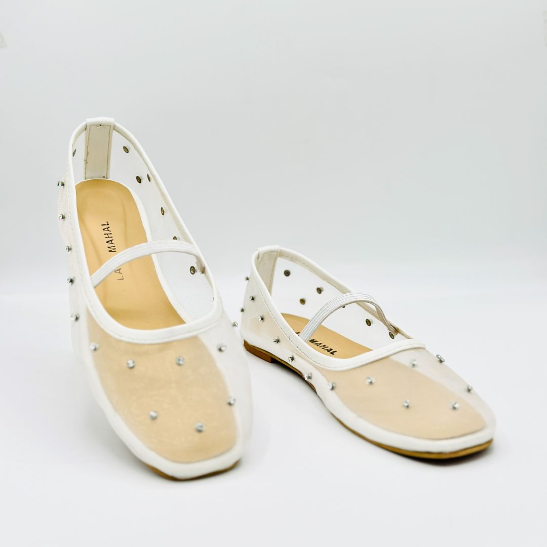 Pearl Mist white studded mesh ballet flat shoes pair front view Pakistan — Laal Mahal