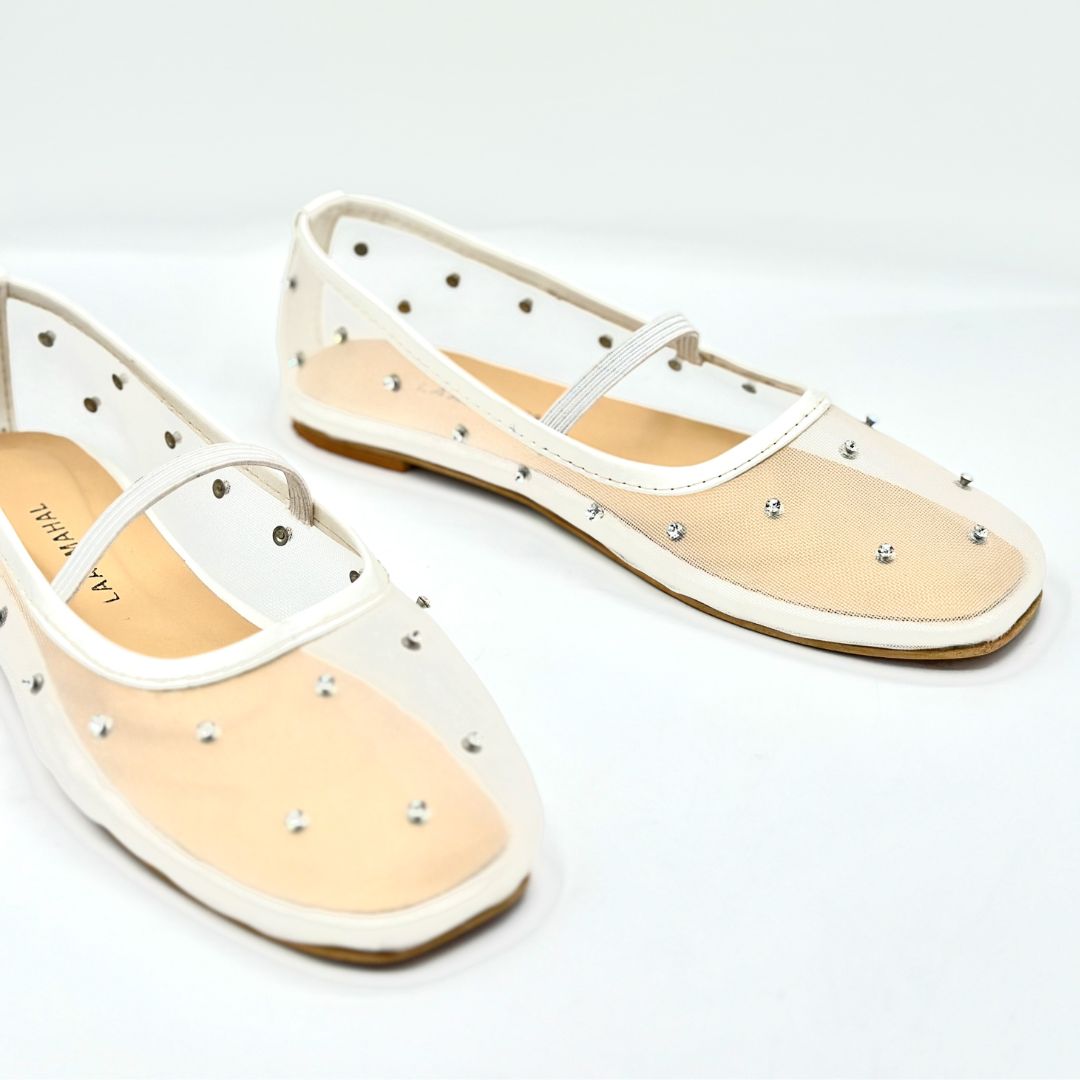 Pearl Mist white studded mesh ballet flat shoes pair side view Pakistan — Laal Mahal