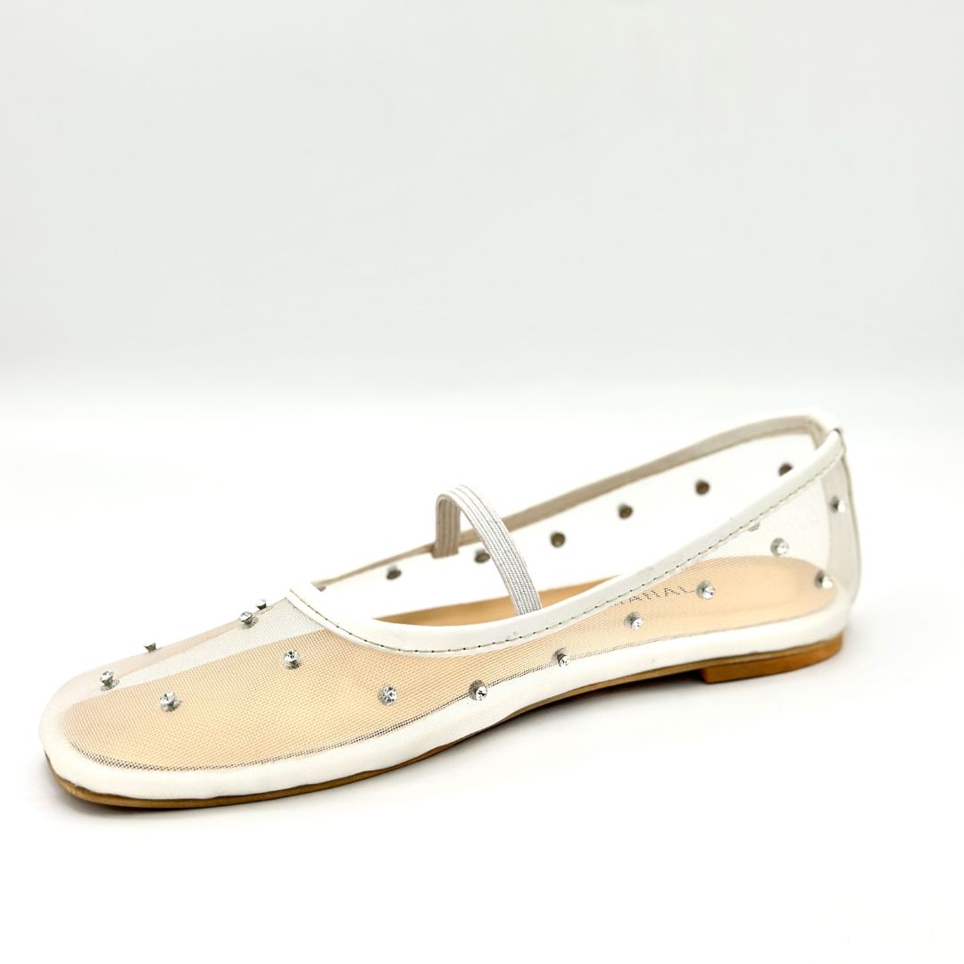 Pearl Mist white studded mesh ballet flat shoe single side profile Pakistan — Laal Mahal