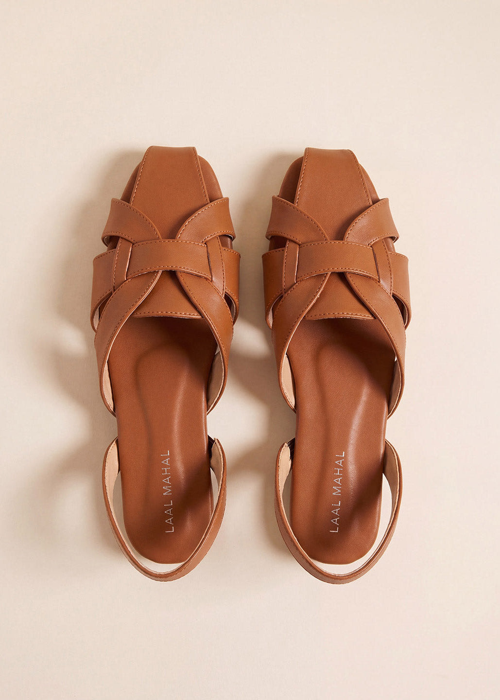 Petra Caged tan leather slingback sandals pair top view Pakistan — Laal Mahal