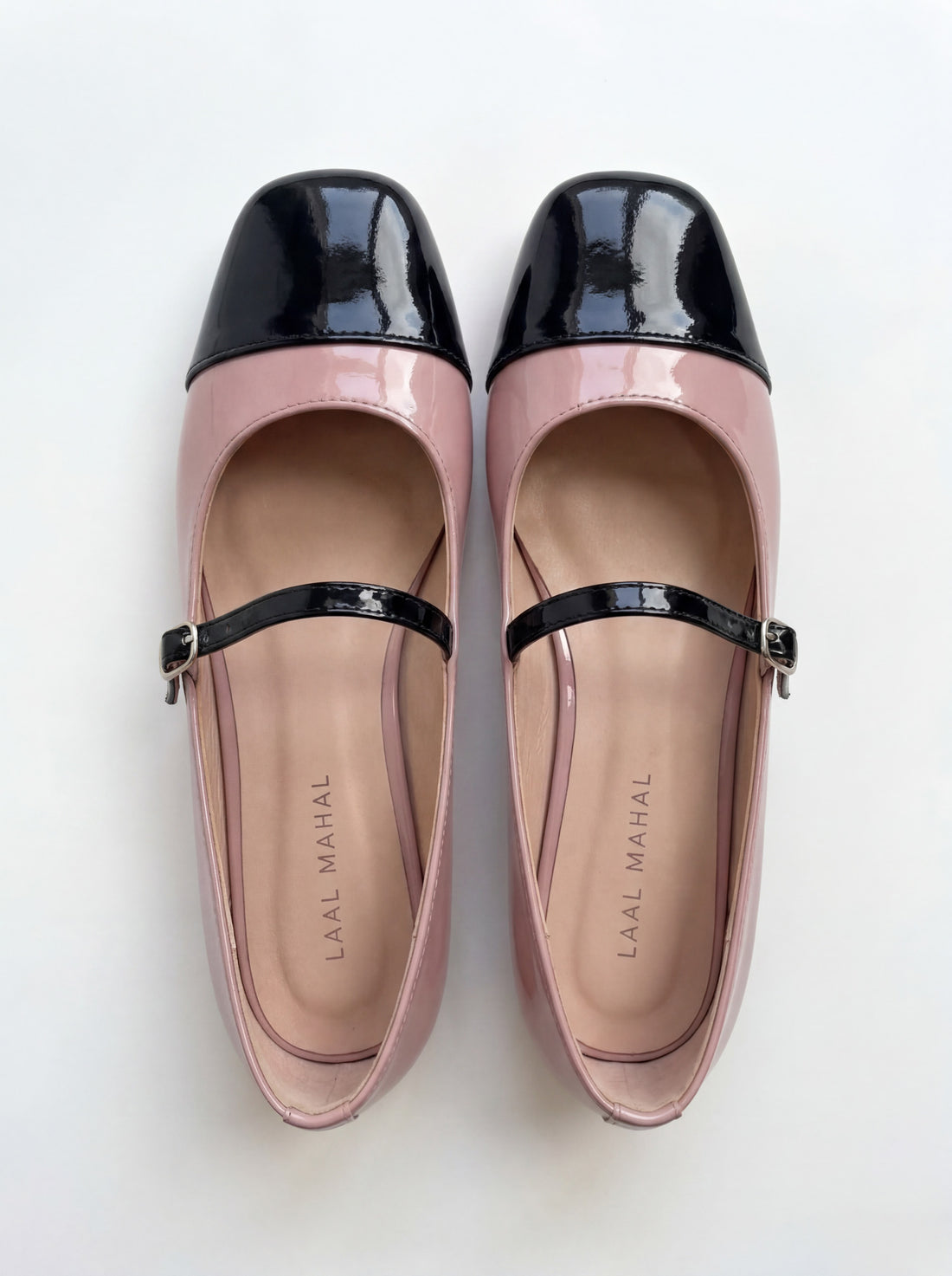 Pink and Black Two-Tone Mary Jane flat shoes worn with black skirt Pakistan — Laal Mahal