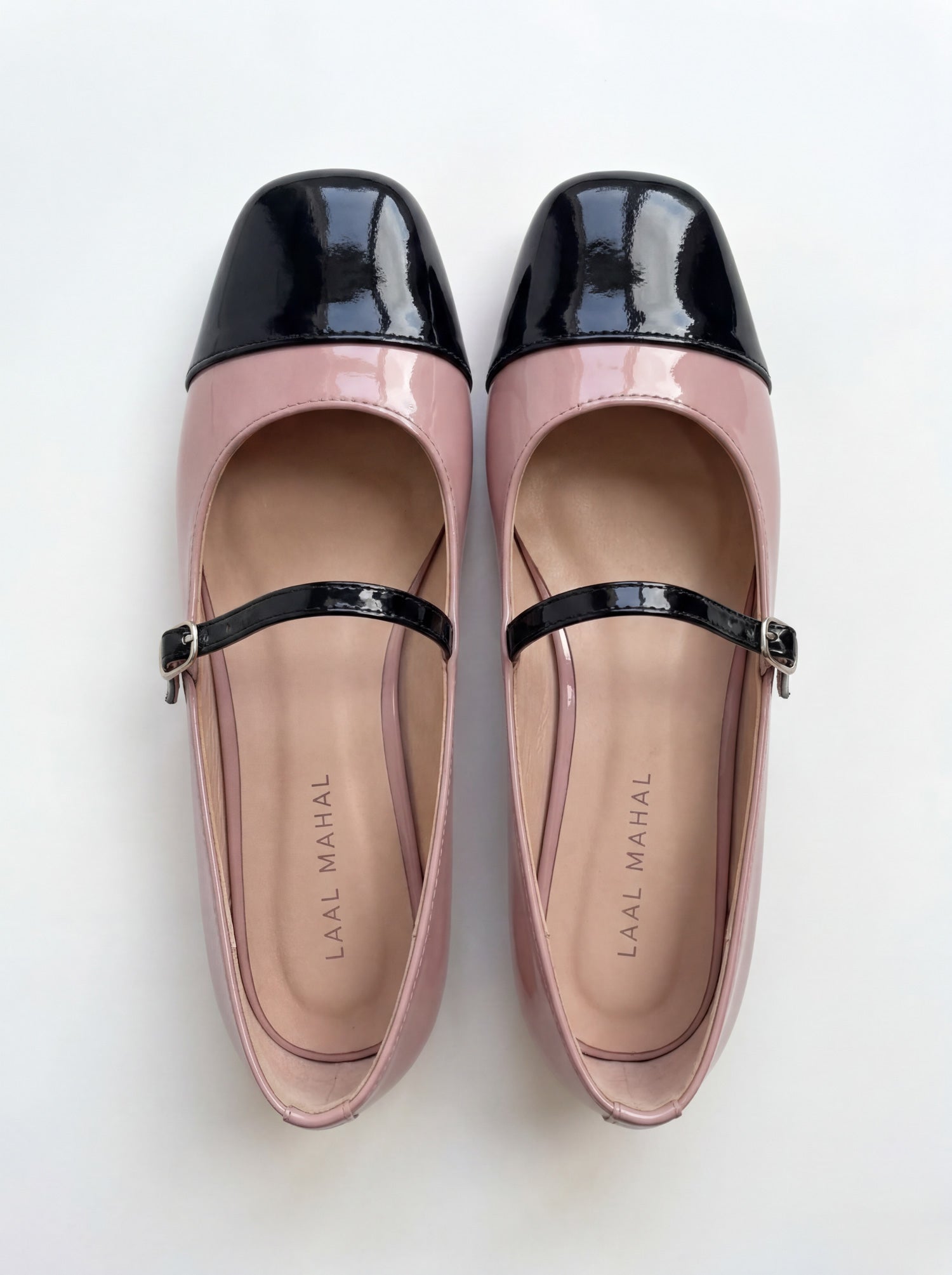 Pink and Black Two-Tone Mary Jane flat shoes pair top view Pakistan — Laal Mahal