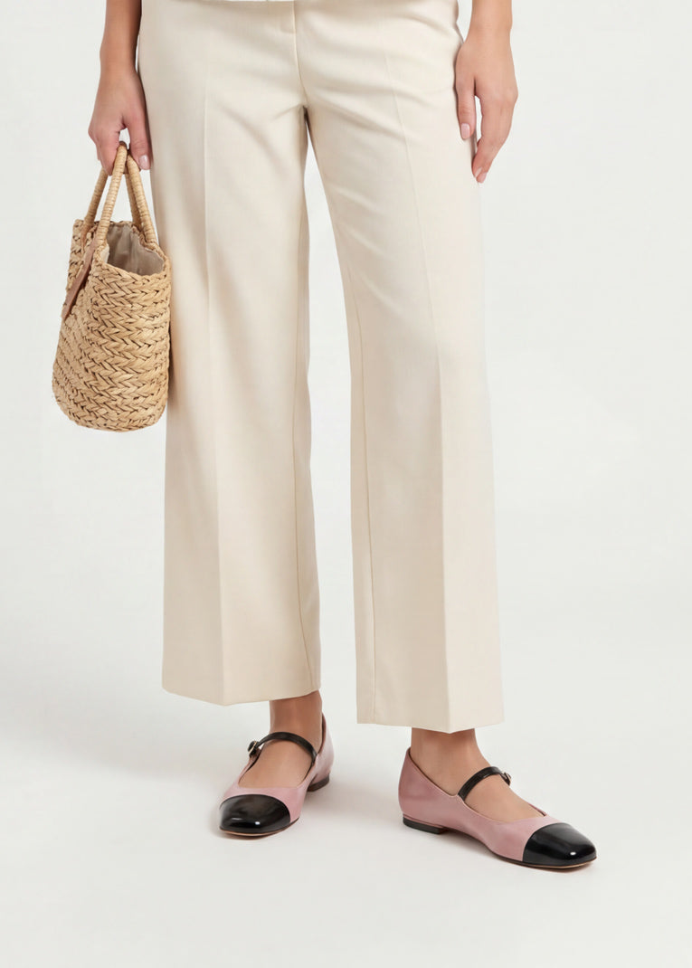 Pink and Black Two-Tone Mary Jane flat shoes worn with beige trousers Pakistan — Laal Mahal