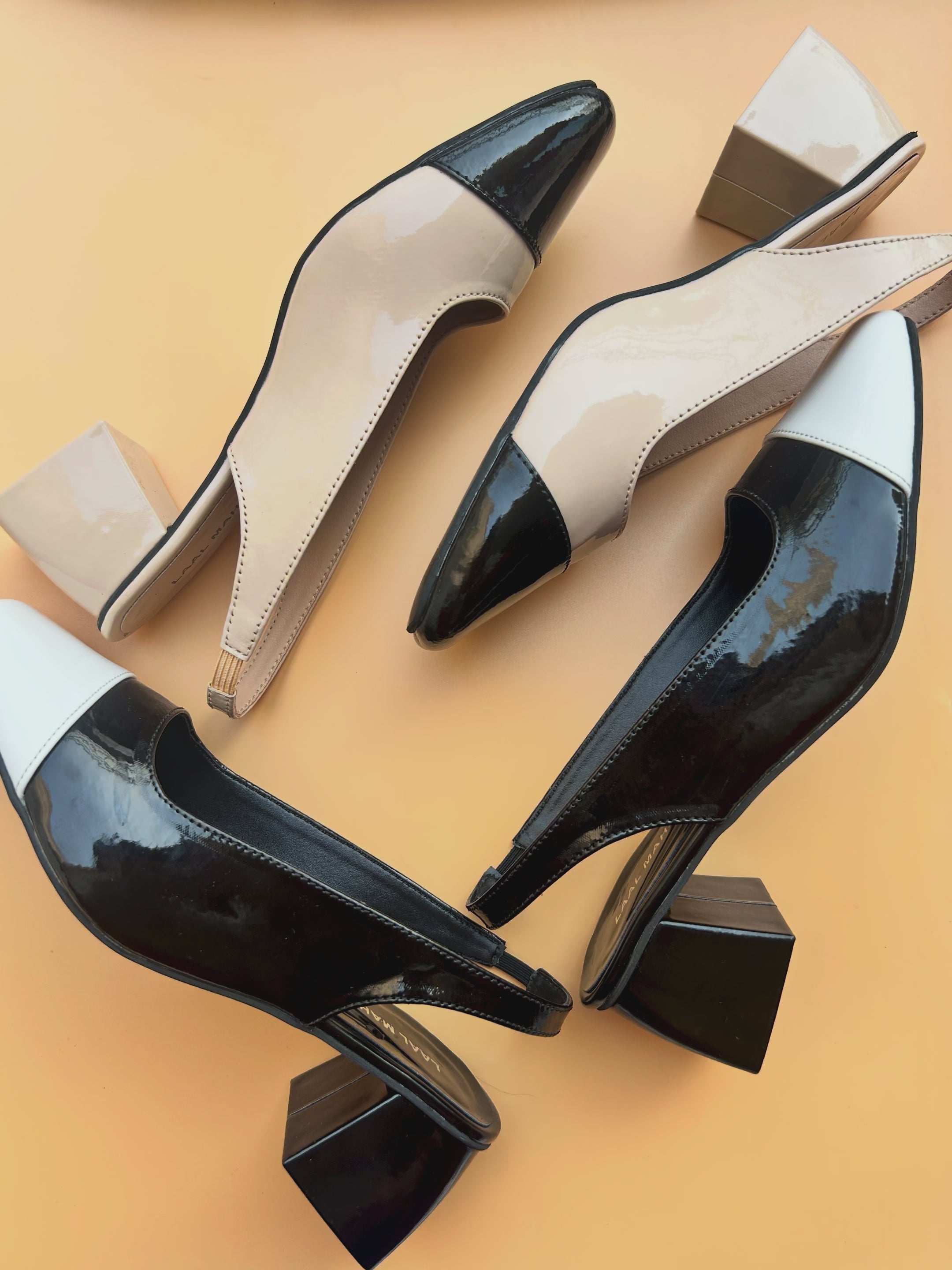 Beige & Black Slingback Block Heels
