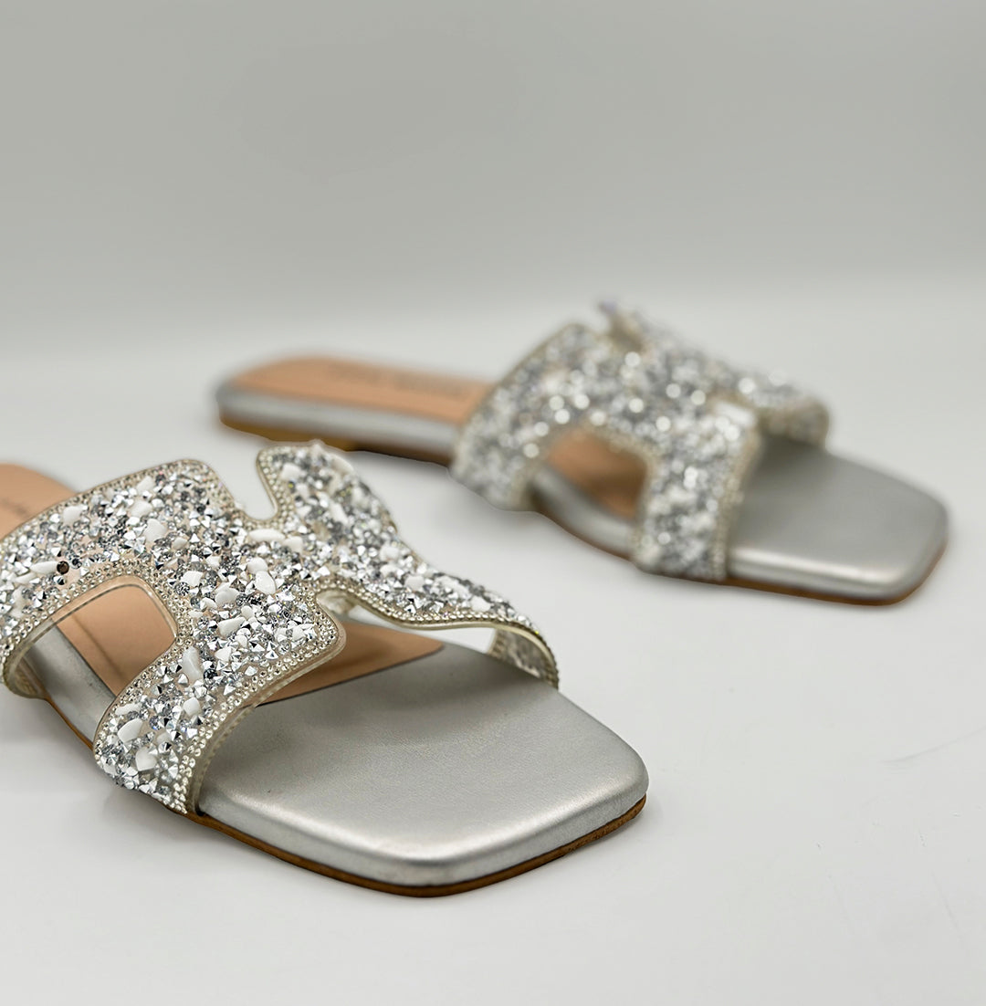Silver Muse glitter sequin H-strap flat slide sandals angled view women Pakistan – Laal Mahal