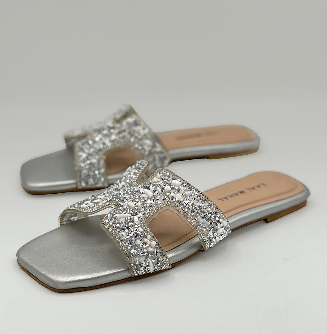 Silver Muse glitter sequin H-strap flat slide sandals close-up detail women Pakistan – Laal Mahal