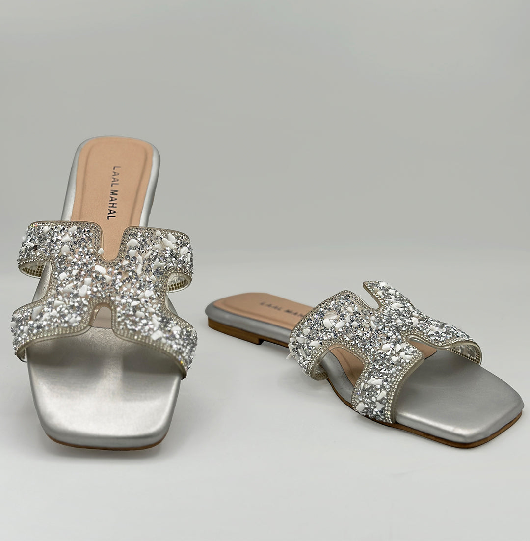 Silver Muse glitter sequin H-strap flat slide sandals pair women Pakistan – Laal Mahal